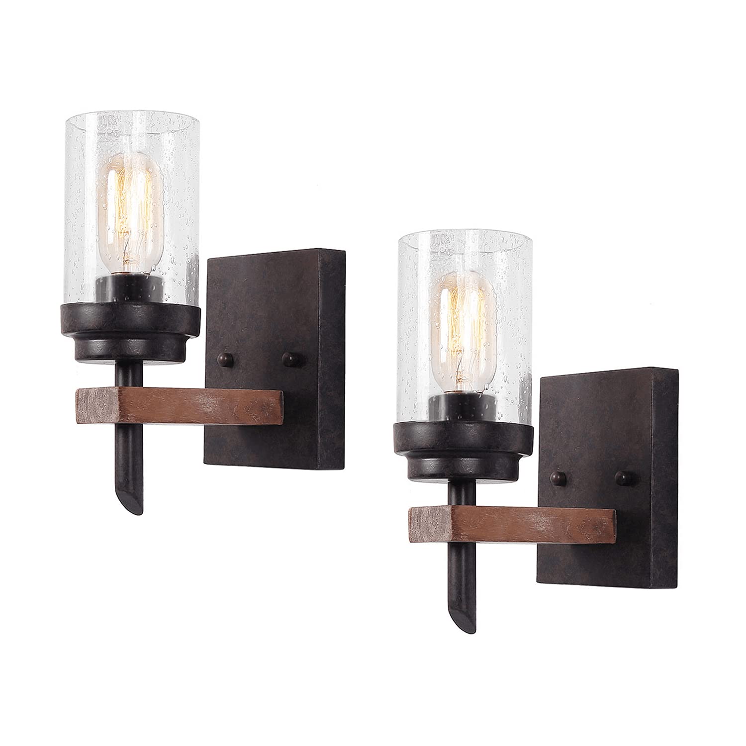 Eumyviv Rustic Wall Light Sconce With Seeded Glass Shade, Vintage Edison Metal Wood Wall Lamp Fixture For Entryway Bedroom Bathr