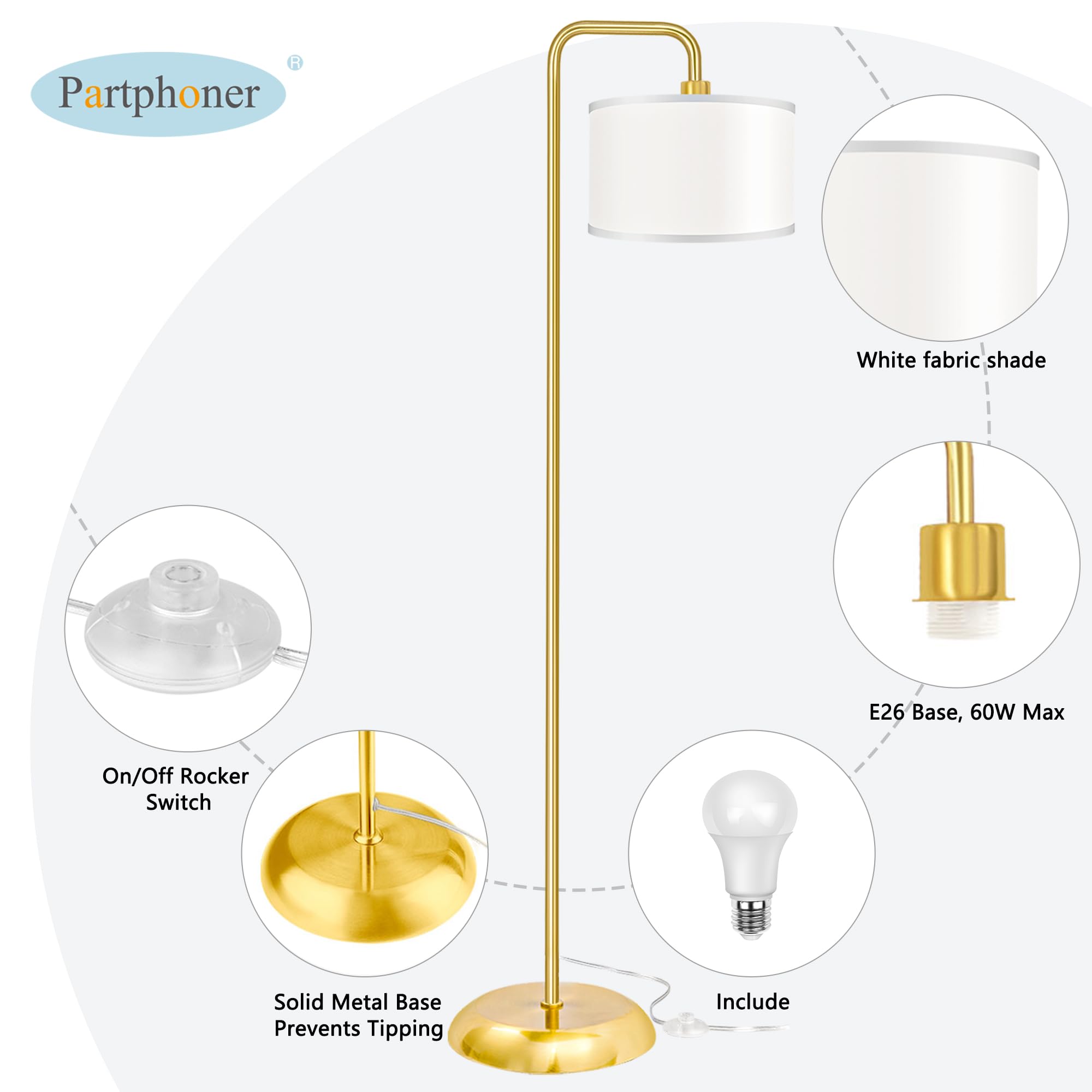 Partphoner Led Floor Lamp - Modern Gold Standing Lamp, 3 Color Temperatures, 9W Bulb Included, Model Str-Fl-0162