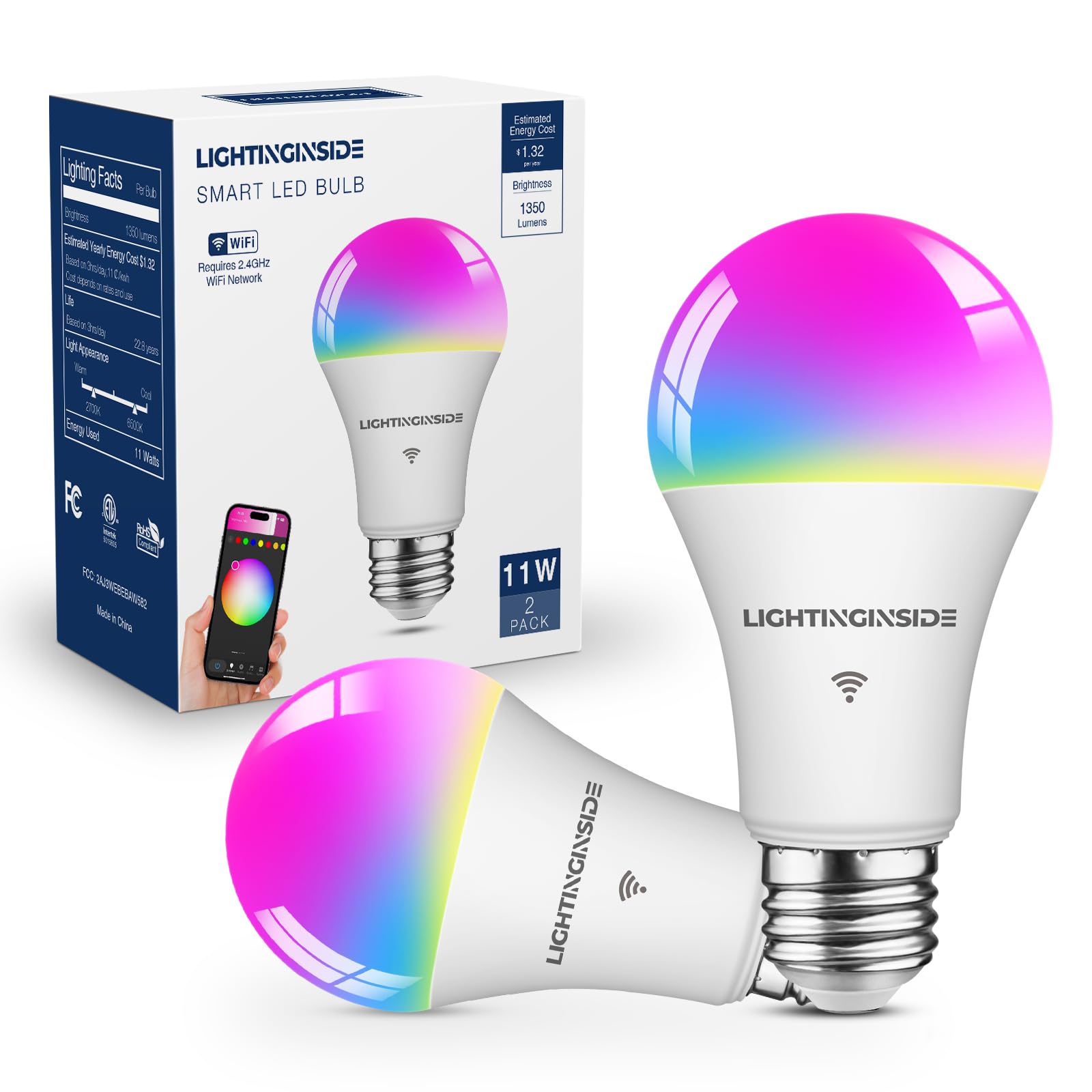 Lightinginside Smart Light Bulbs 100W Equivalent, 1350LM 11W WiFi Smart Bulb Compatible with Alexa/Google Assistant/Smart Life, A19 E26 RGBCW Color Changing, No Hub Required,2.4G WiFi, ETL Listed,2PCS