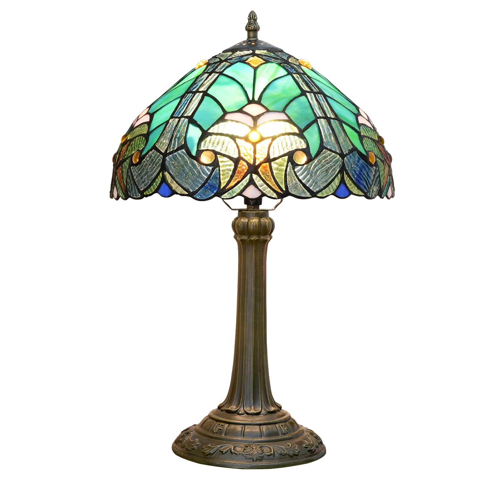 Blivuself Tiffany Lamp - Green Liaison Stained Glass Table Lamp, 12" W x 18" H, Antique Metal Base for Living Room & Bedroom