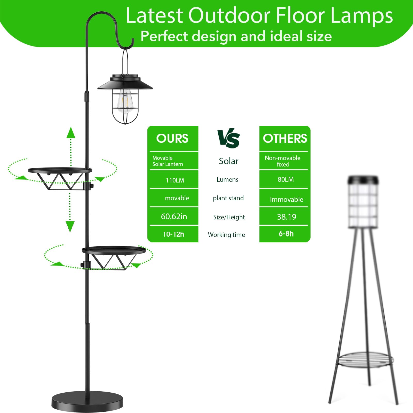 Kirschblte 60'' Solar-Powered Waterproof Outdoor Floor Lamp With Built-In Plant Stand - Multi-Use Lantern & Garden Decor For Pat