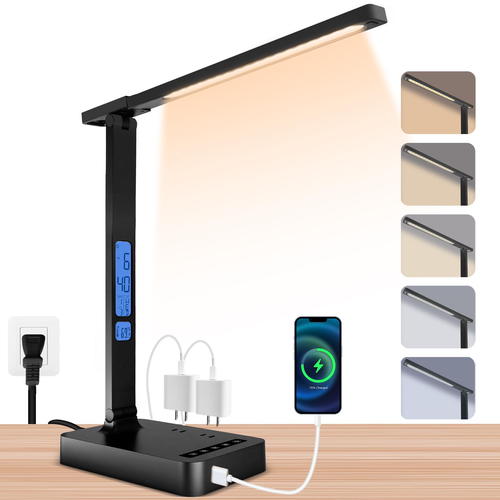 snsok Smart Desk Lamp with Dual USB Charging (Type-C/USB-A) & 2 AC Outlets, Digital Clock, Temperature Display, 5 Color Modes, 5
