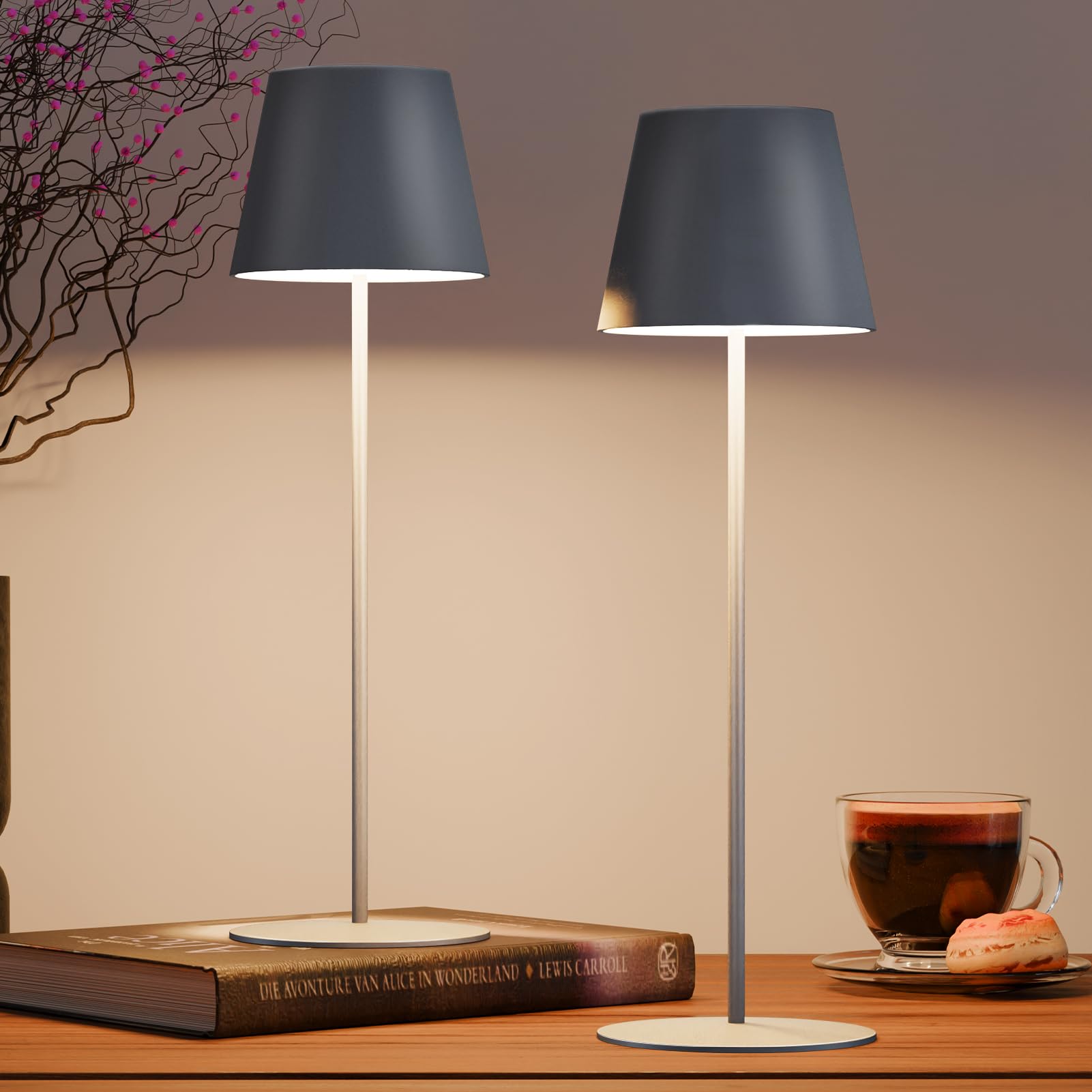 uuffoo Cordless Rechargeable Table Lamps - 2 Pack, Stepless Dimming, Small, Metal, Gray, Model PBG-1238