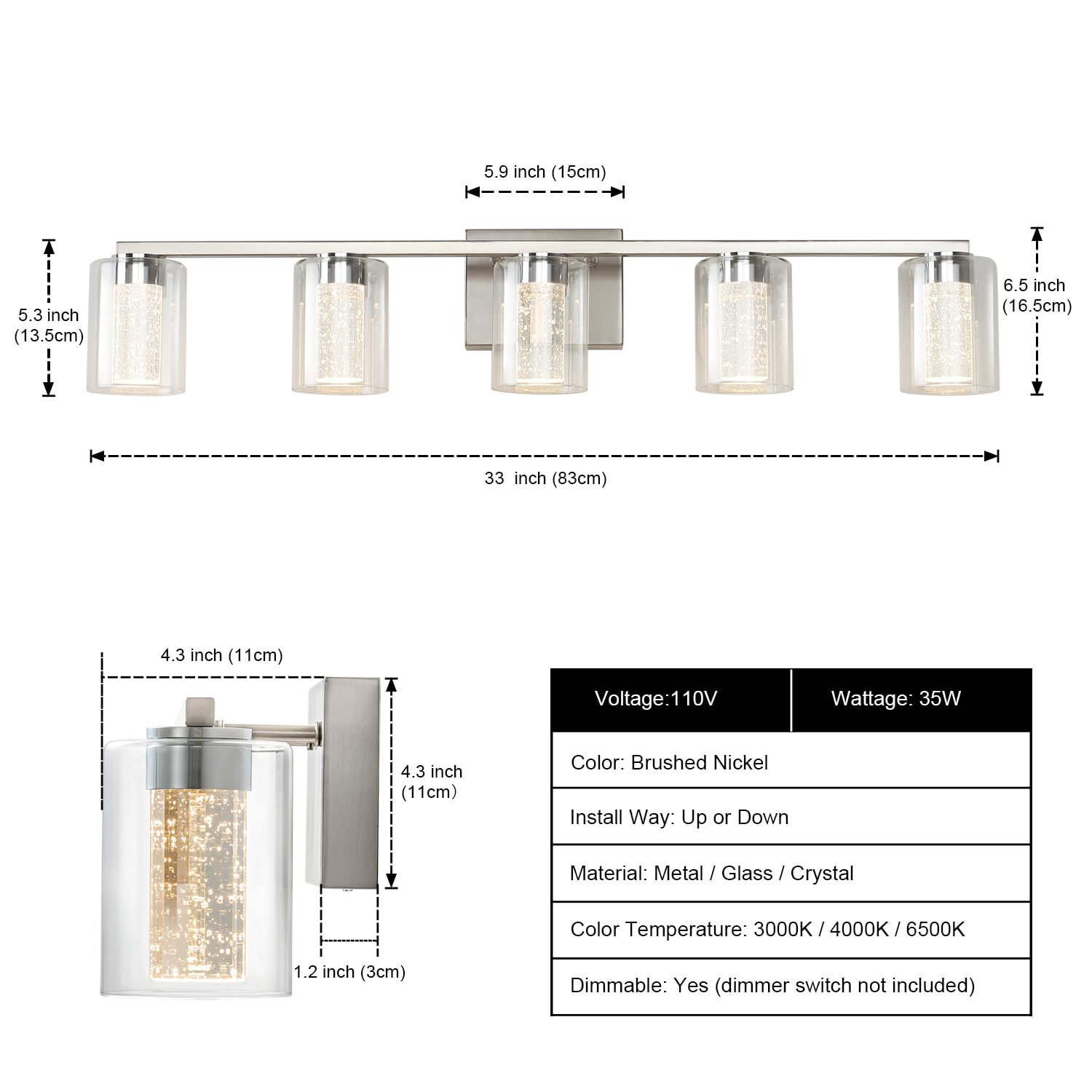 SineRise 5-Light Brushed Nickel Vanity Light, Dimmable LED with 3 Color Modes, Modern Bathroom Fixture, Clear Glass Shade