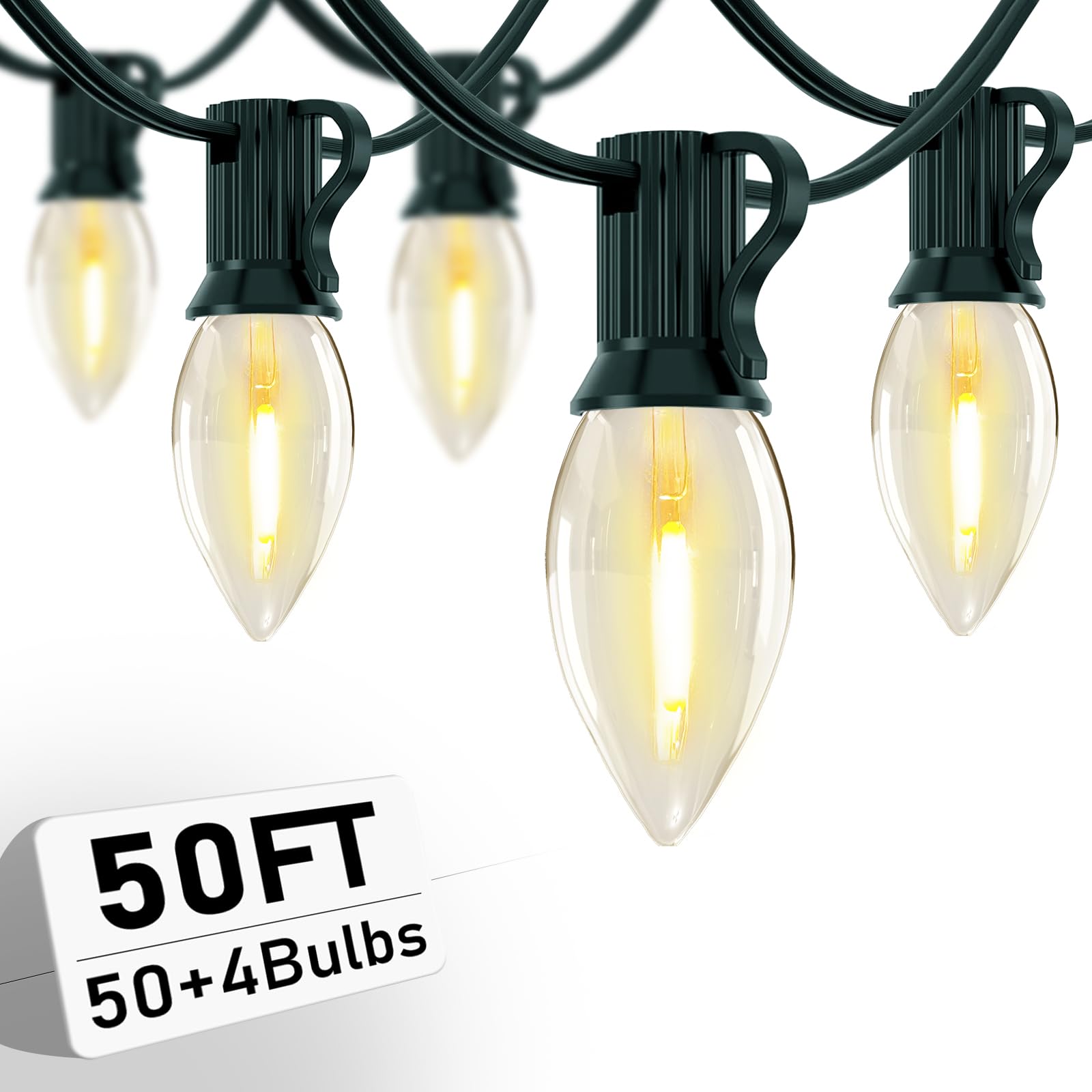 Xingzd 50Ft Led Christmas Outdoor String Lights  C7 String Lights With 50 0.6W Clear Warm White Bulbs  Vintage Christmas Lights For Holiday Xmas Tree Party Backyard Wedding Garden Patio Porch Decor