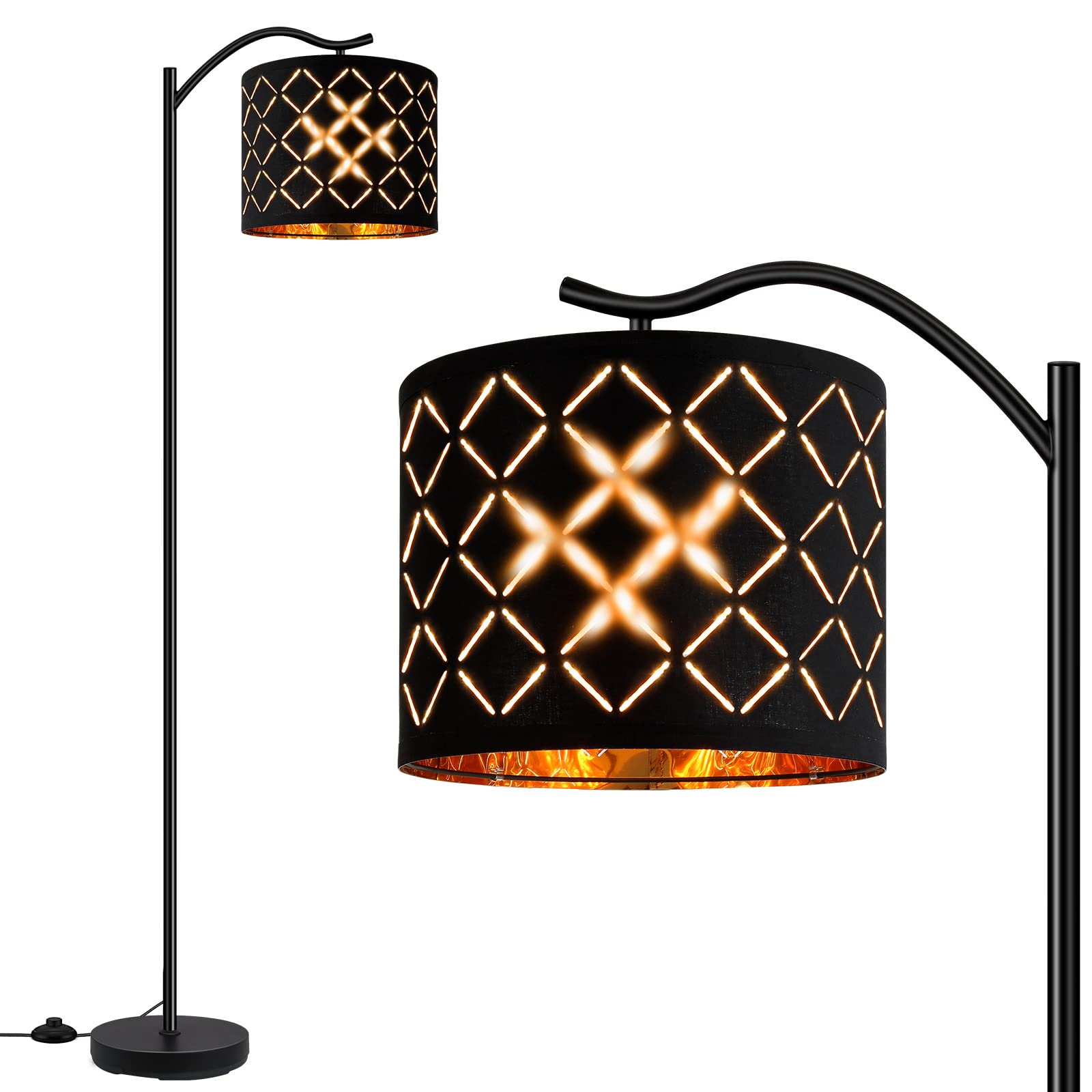 BoostArea Arched Floor Lamp, 8W LED, Metal, Bohemian Linen Shade, Footswitch, Mid Century Style, Laser Square Shade