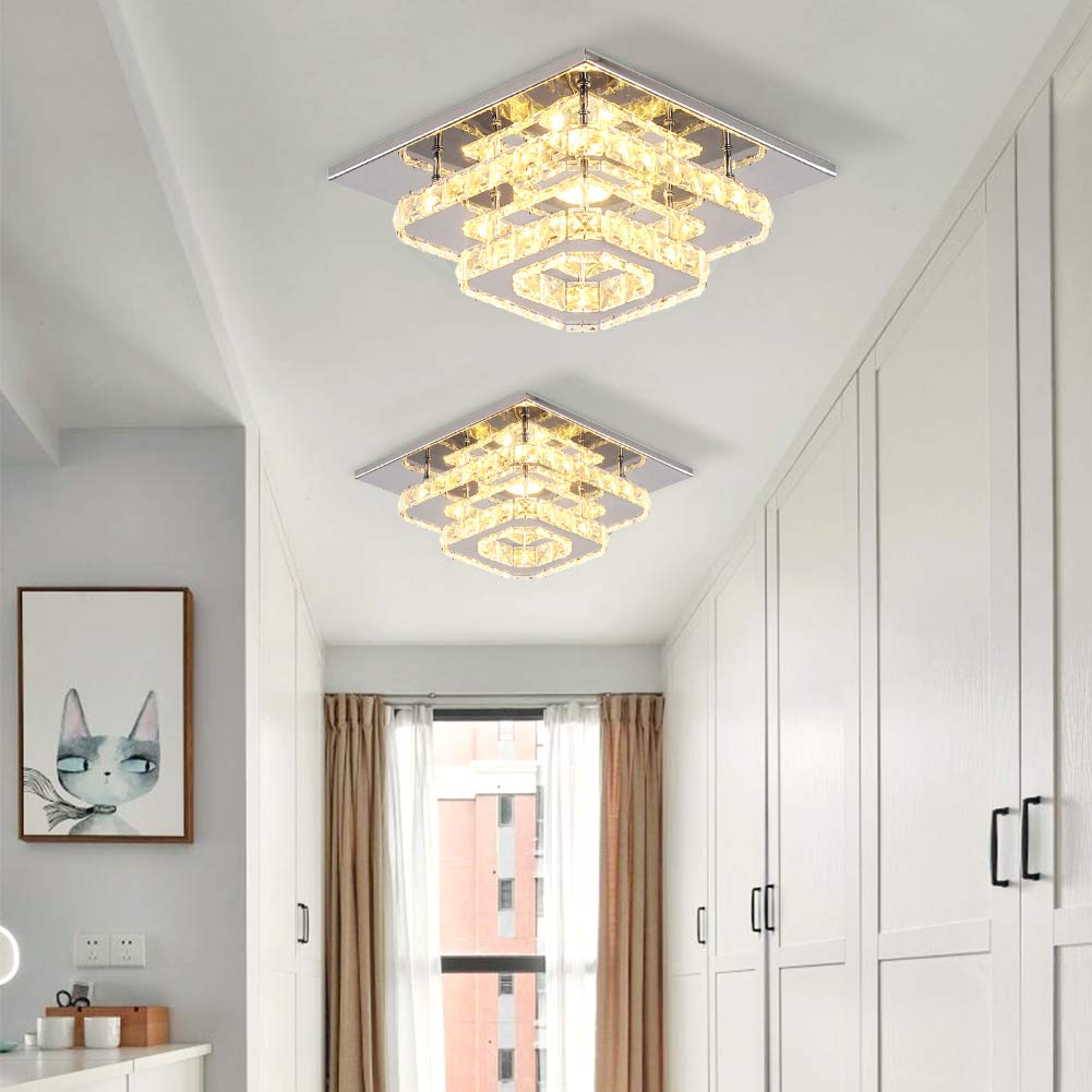 Finktonglan 9.8in Square LED Ceiling Light, Warm White 3000K, K9 Crystal & Mirror Stainless Steel, Model MC021
