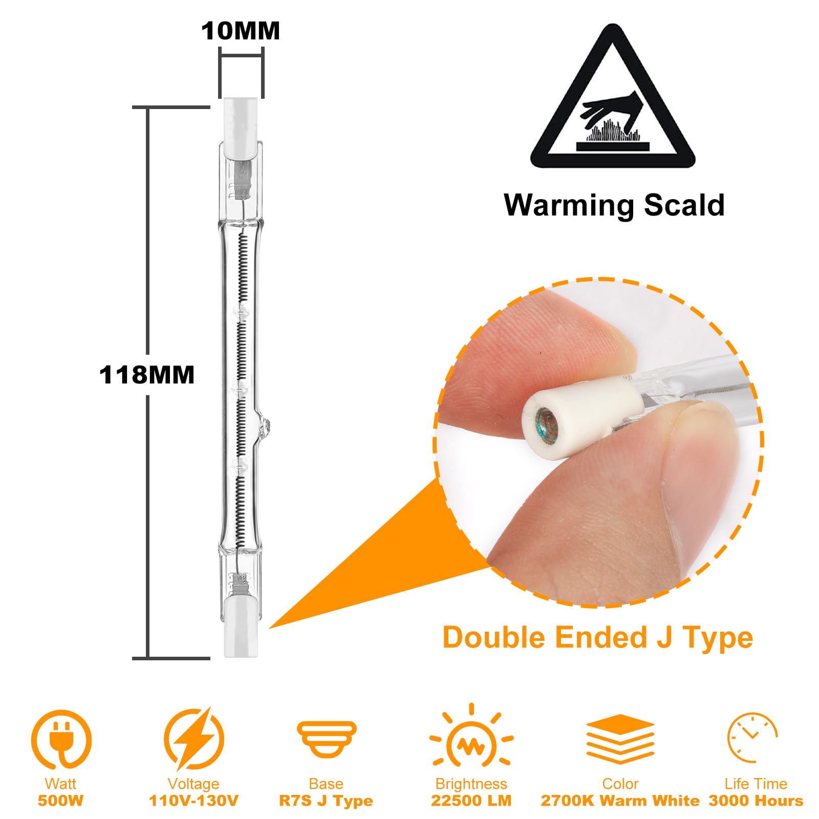 Jaenmsa R7S Halogen Bulbs 500W 120V, R7S T3 118Mm 500W Bulbs 4.6 Inch, J Type Double Ended Halogen Light Bulbs For Work,Security