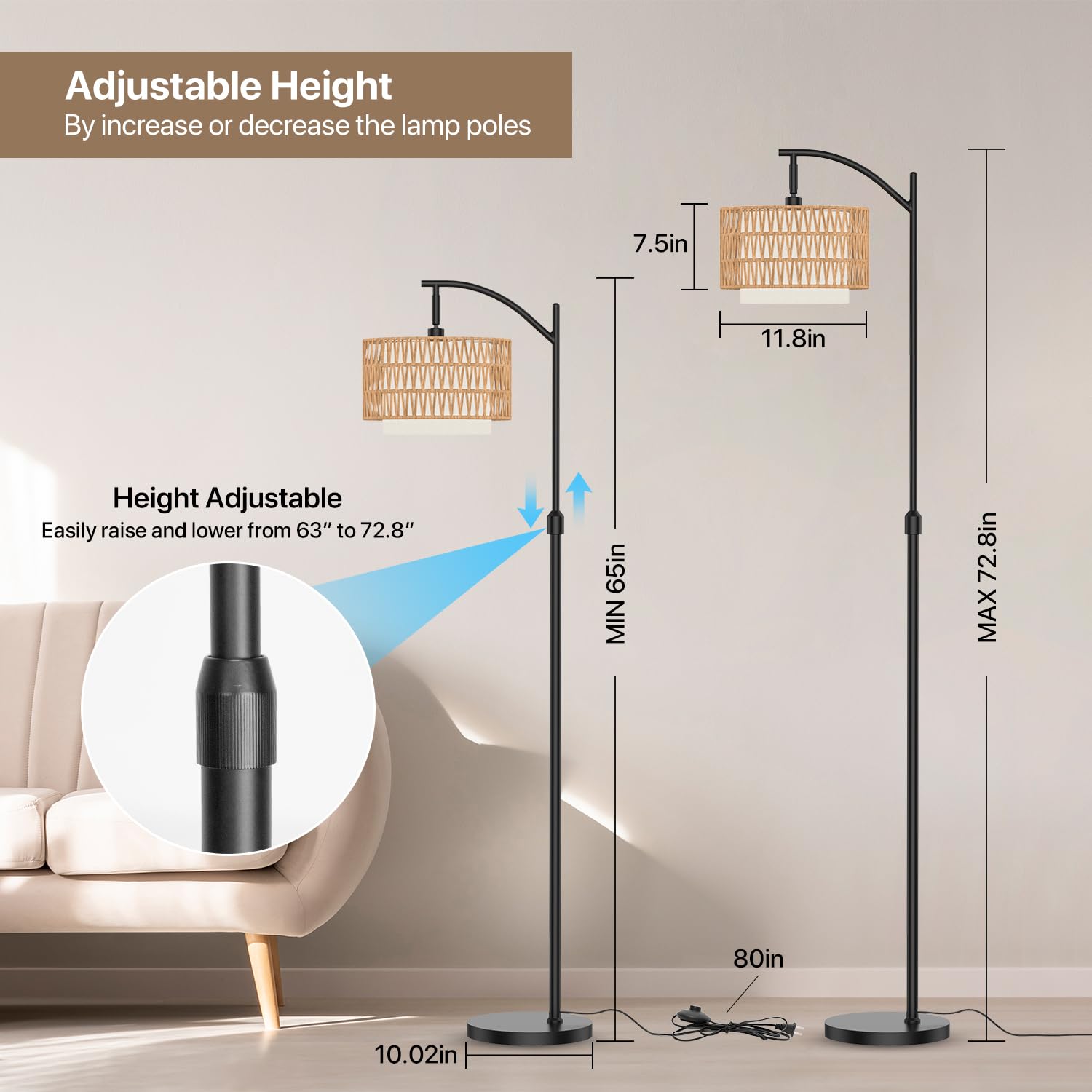Boho Floor Lamp - Arched Floor Lamps For Living Room, Farmhouse Floor Lamp With 3 Color Temperature Black Standing Lamp With Rat