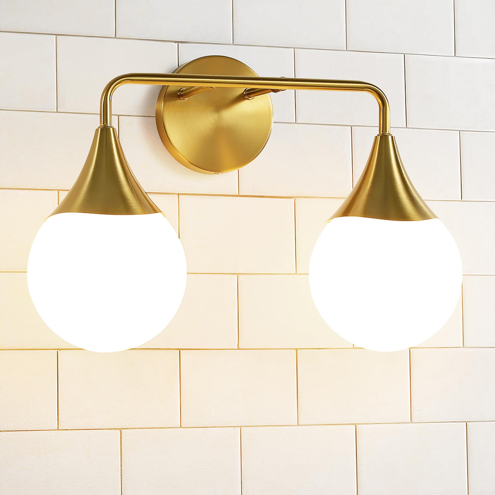 Hahzt Bathroom Vanity Light Fixtures: 2-Light Mid Century Farmhouse Bathroom Lighting Fixtures Over Mirror - Brushed Gold Wall Sconce With Frosted Globe Glass For Hallway Restroom