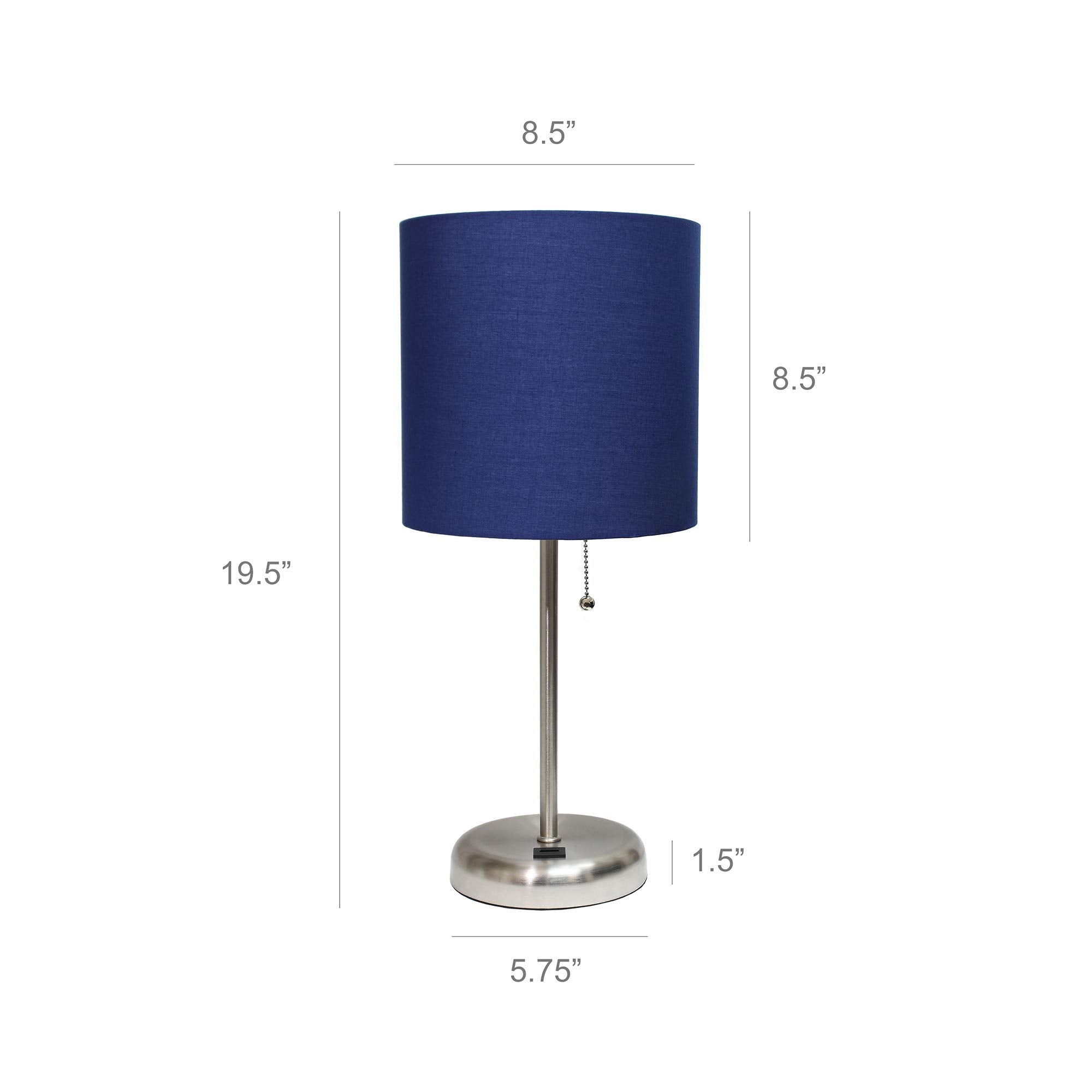 Simple Designs Lt2044-Nav Brushed Steel Stick Table Desk Lamp With Usb Charging Port And Drum Fabric Shade, Navy Blue Shade
