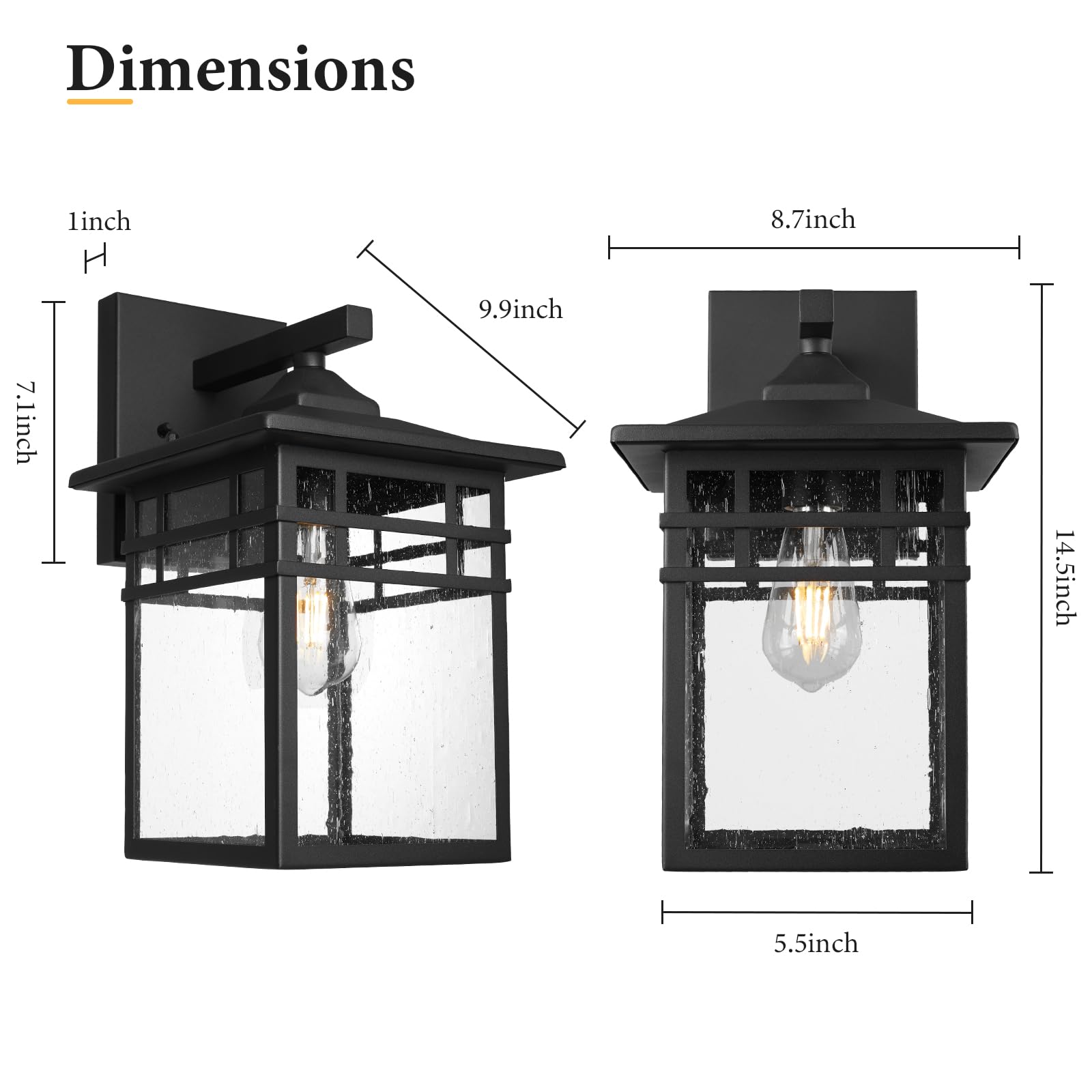 Diyel Outdoor Wall Lantern, Black Waterproof Sconce with Seeded Glass, 9-Inch Large Size for Front Porch & Doorway