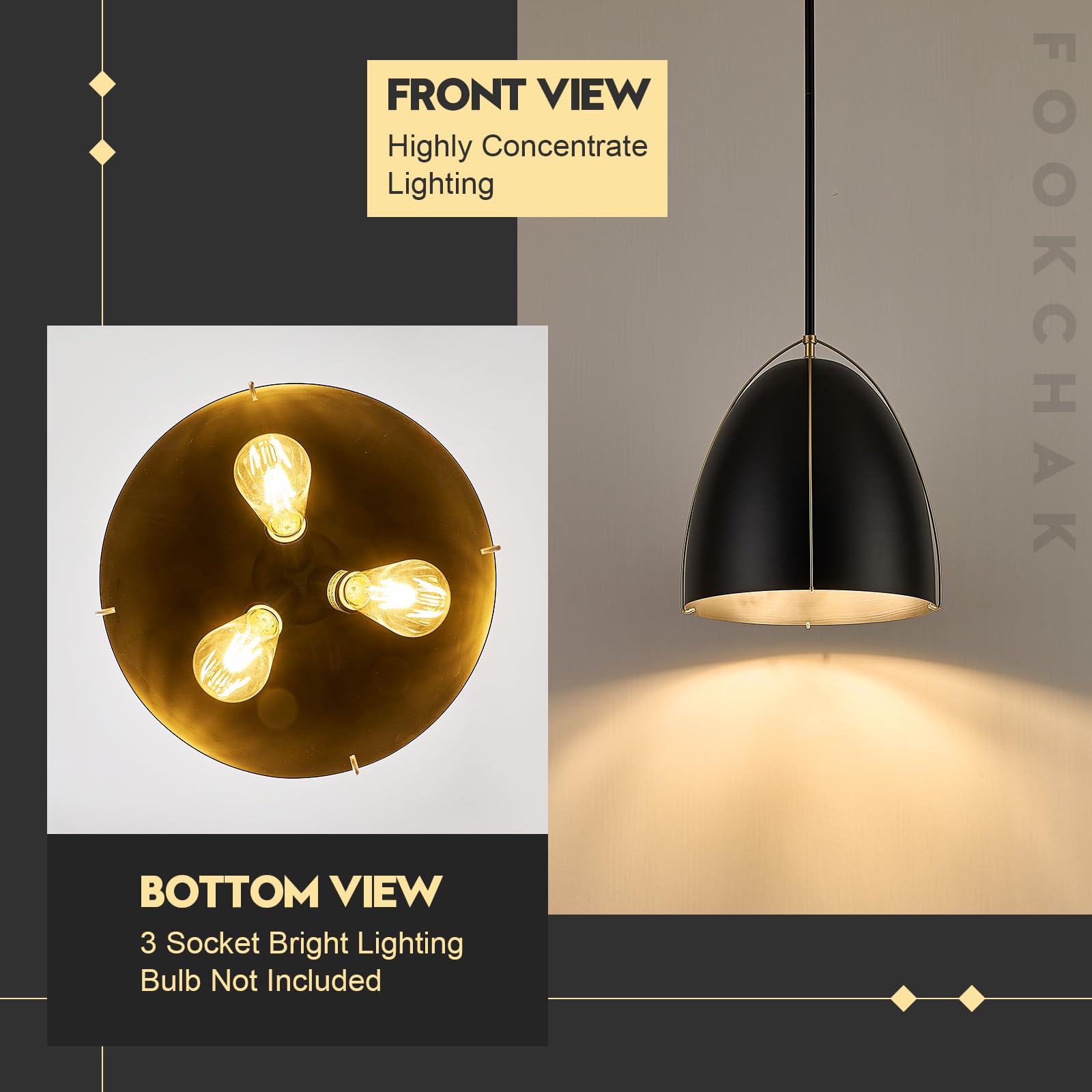 Fookchak Black Dome Pendant Light 3-Light Large Pendant Light Fixture 12In Black Gold Pendant Lighting For Kitchen Island Dining