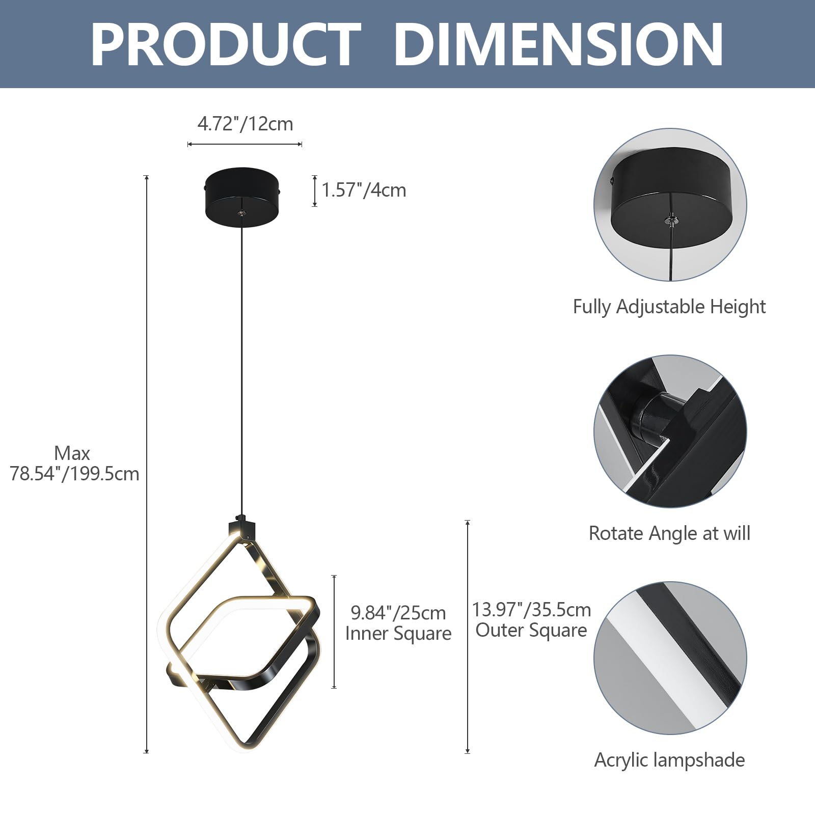 Bnhhlz Modern Led Pendant Lights Plated Black Rectangular Pendant Light Fixtures 4000K 20W Dimmable Pendant Lighting For Dining Room Kitchen Island Bedroom Living Room Foyer(3-Pack)