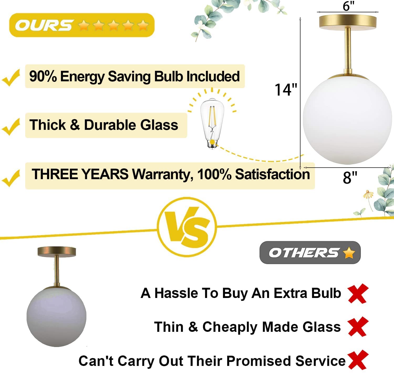 Gold Globe Semi Flush Mount Ceiling Light,Mid Century Modern Light Fixture Ceiling,Globe Ceiling Light For Hallway Living Room Kitchen Bedroom Storage Schoolhouse Laundry(Bulb Incl.)