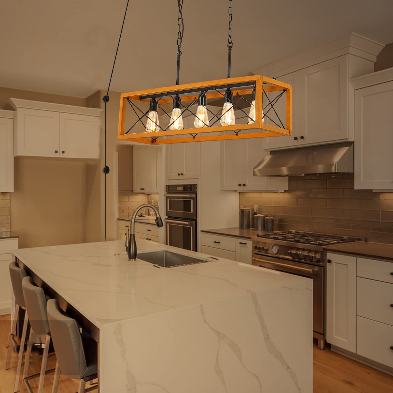 COSYLUX Rustic Farmhouse Chandelier - 5 Light Wood Linear Pendant with Detachable Plug for Dining Room & Pool Table, Black Finish