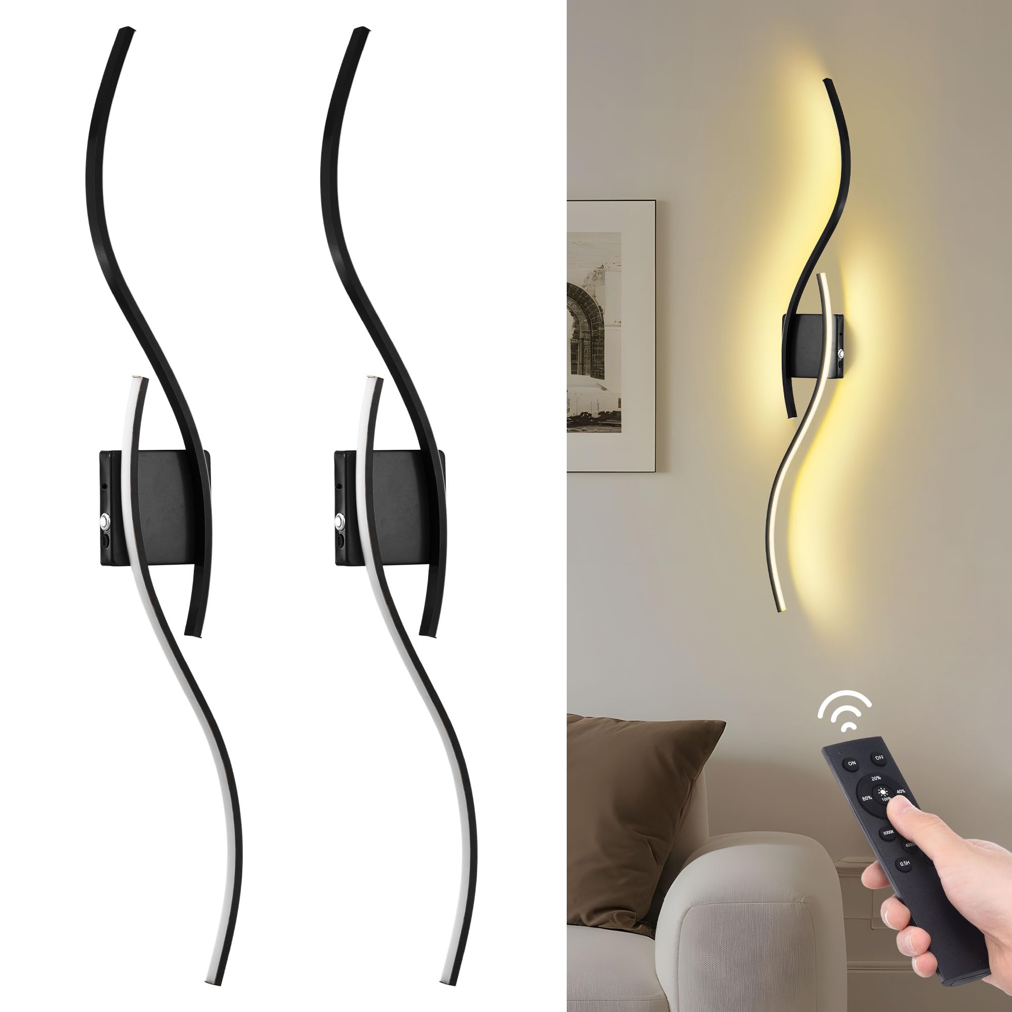 LUMLLSAJI Battery Operated Wall Sconces Set of 2, Dimmable 3000K-6000K, Metal, Black, Remote Control, Model 1