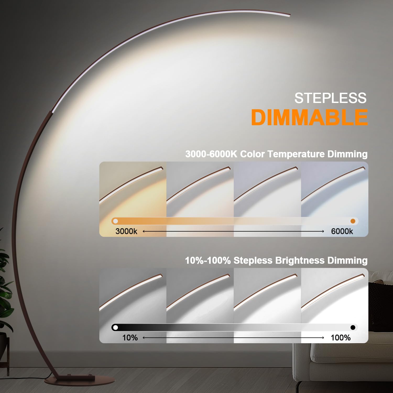 Dimmable Led Floor Lamp With 3 Color Temperatures, Ultra Bright 2000Lm Brown Arc Floor Lamps For Living Room, Modern Standing Ta