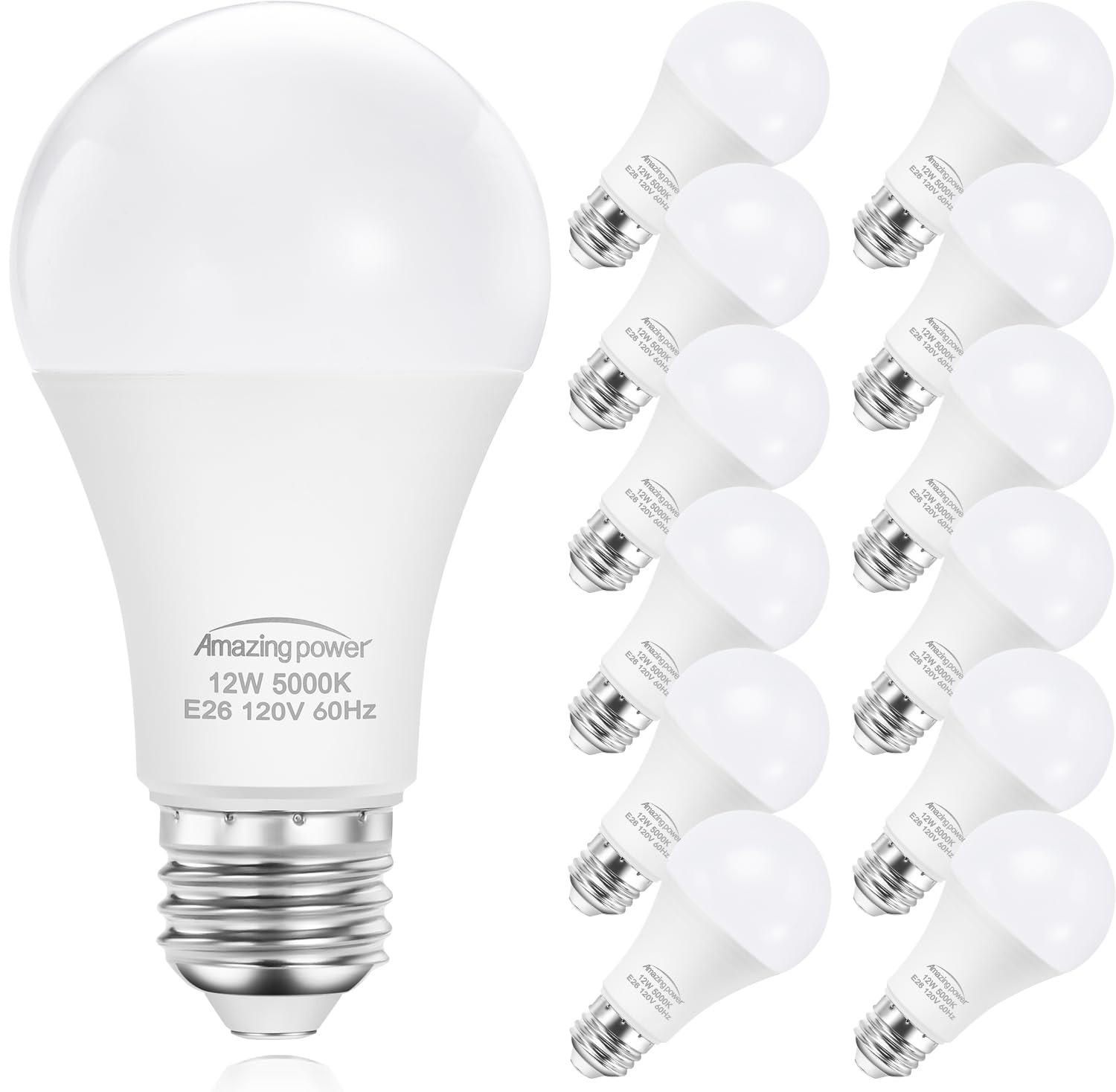 Amazing Power 100W Equivalent Light Bulbs, A19 E26 Led Bulbs, 12W 5000K Daylight White 1200 Lumens, Non-Dimmable, 12-Pack