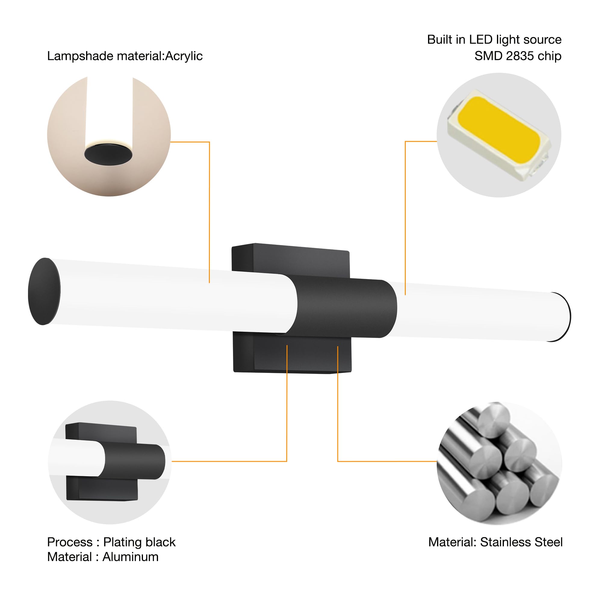 YHTlaeh LED Bathroom Vanity Light Fixture, 19.68in Black, Polished Chrome, Daylight White 4500K, Model 6110