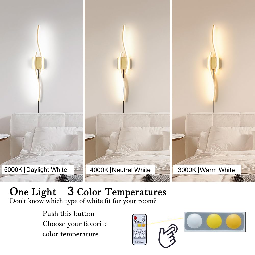Daunton Modern Gold Plug-in Wall Sconce Set of 2, Dimmable LED Lighting, 27.5in, Metal, Remote Control for Living Room, Bedroom, Hallway