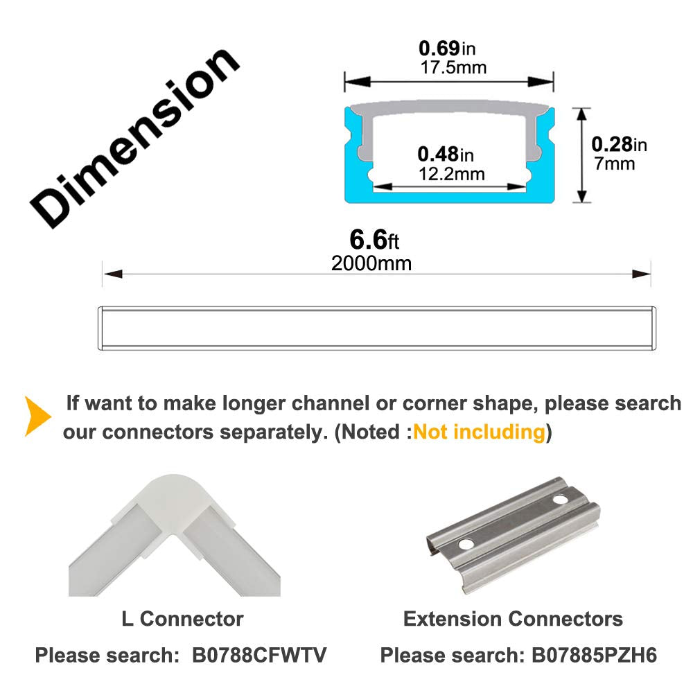 hunhun U Shape LED Aluminum Channel System, 20-Pack, 6.6ft, Silver, Model CH-01-10, Easy Installation, Includes Milky Cover & Clips