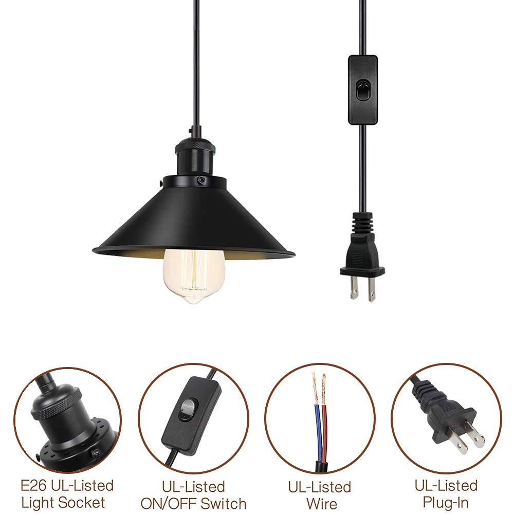 Ascelina Industrial Black 2-Pack Plug-In Pendant Light With Switch, 26X17X7.7In, E26 Socket, 16.4Ft Cord, Living Room Kitchen Diningroom Bedroom