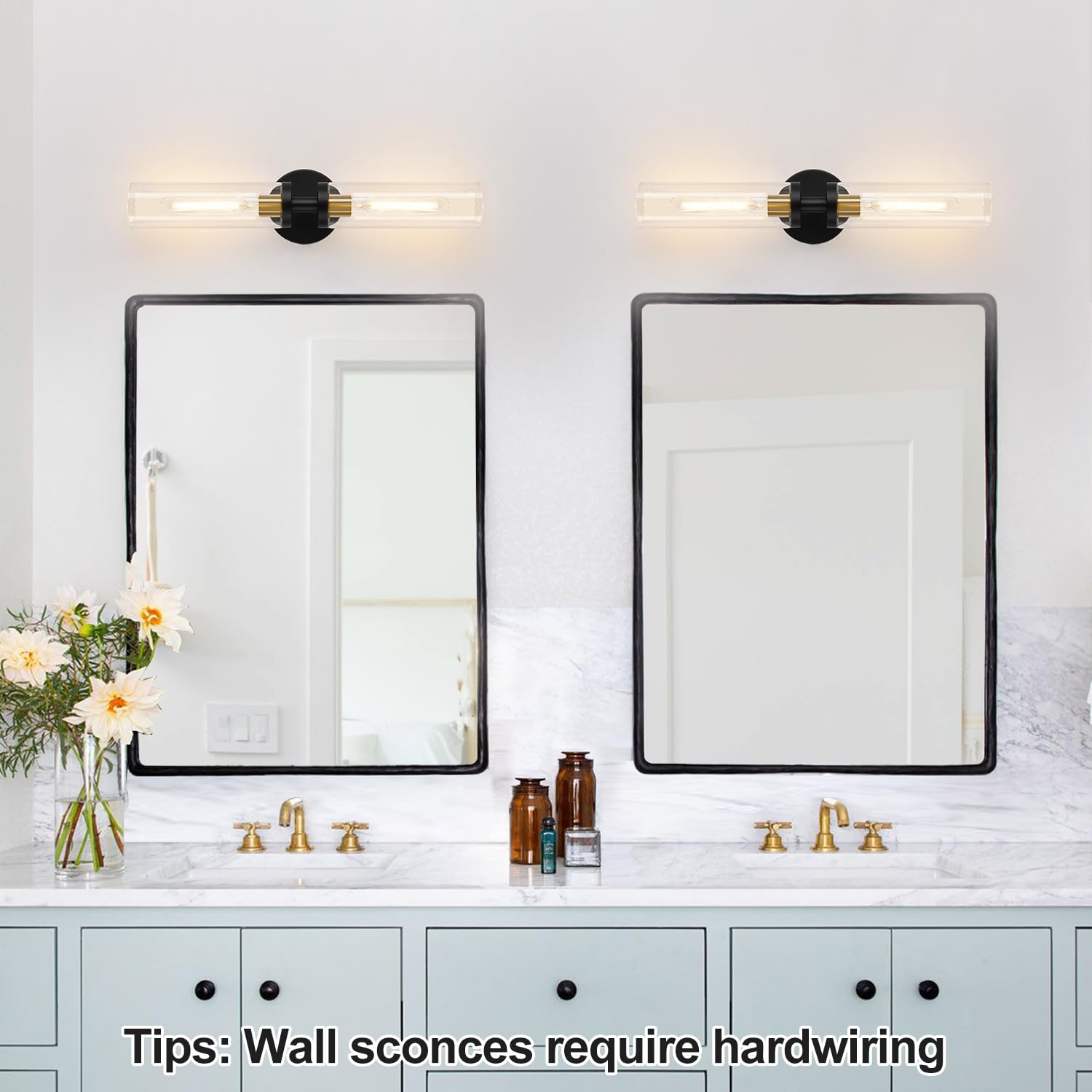 Indoi Wall Sconces Set of 2, Black and Gold Metal Lighting with Clear Glass for Bathroom, Living Room, Hallway, Bedroom - Model YX-050