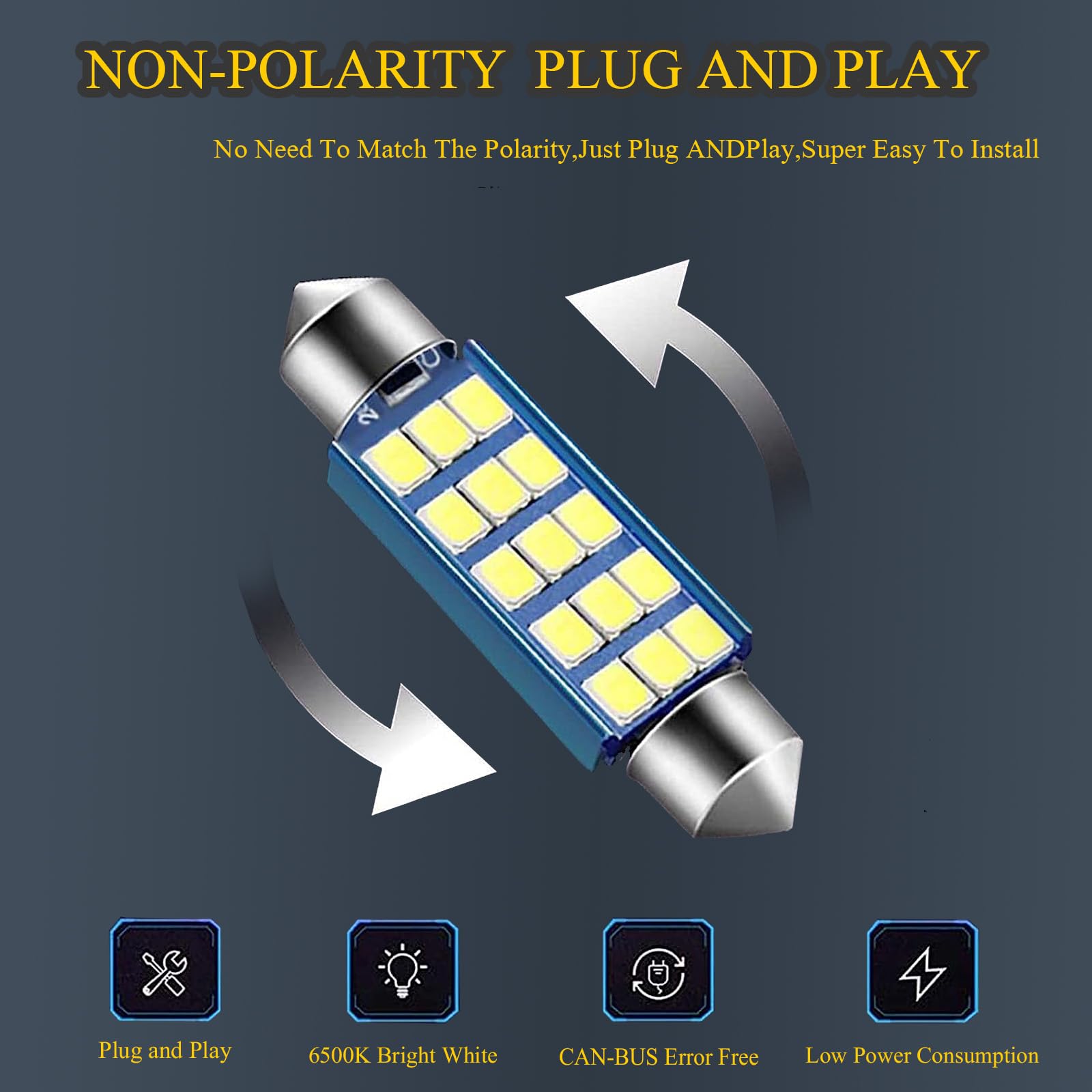 GKmow 578 LED Bulbs, 400LM, 6500K, 2 PCS, White, Model GKCD703WH-2PS for Interior Dome Map Door Lights