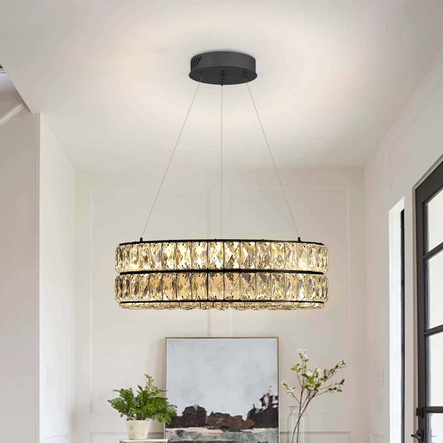Idequy Modern Led Ring Chandelier - Dimmable Crystal Light Fixture For Living & Dining Room - Adjustable 15.7Inch Black