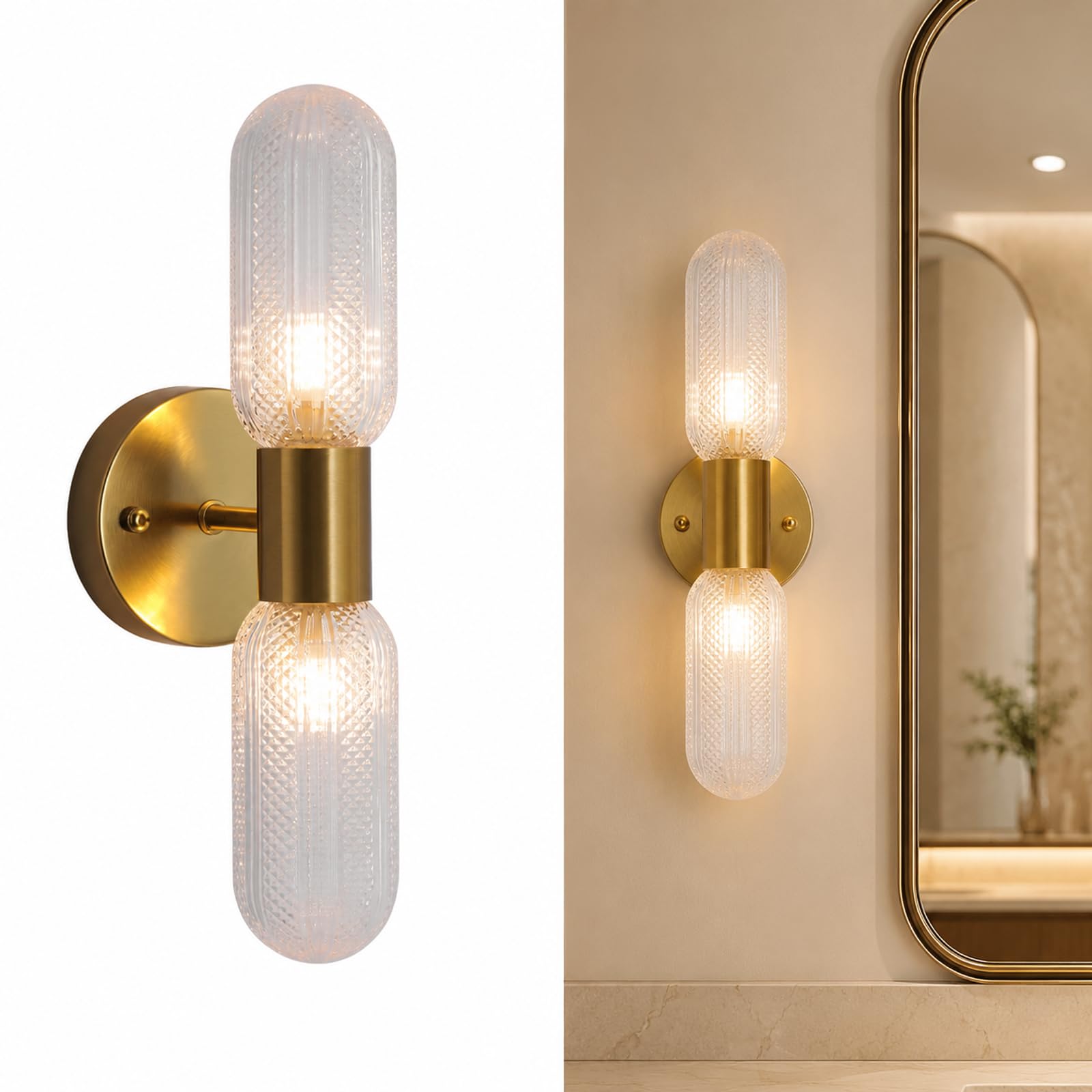 FUTOLKJHH Mid Century Modern Gold Wall Sconces, Brushed Brass Bathroom Vanity Lighting Fixture with Glass Shade Double-Headed Ha