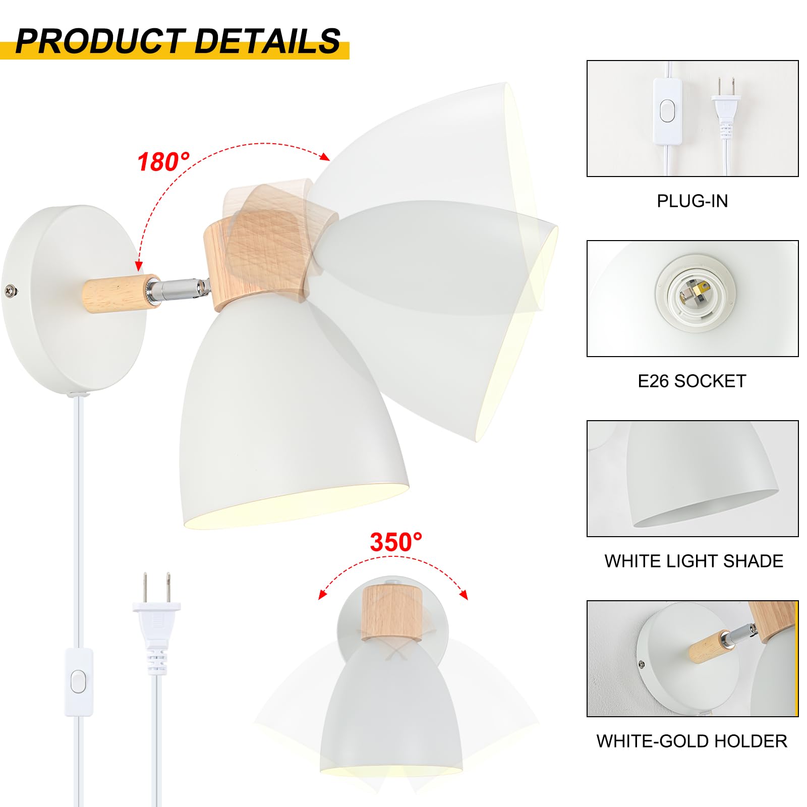 Eyooer Wall Sconces Plug In, Swing Arm Wall Lamp With Power Cord, White Plug In Wall Lighting Fixtures Set Of Two, Bedside Wall Mounted Reading Lamp With Switch, For Bedside Bedroom Hallway