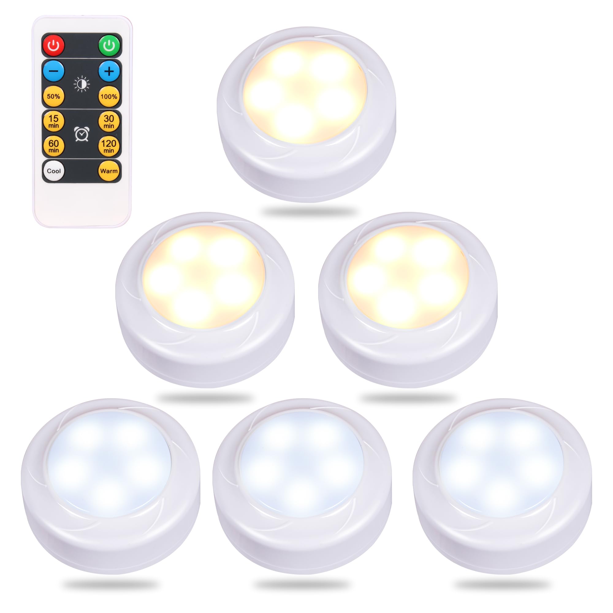 WRalwaysLX Remote Control LED Cabinet Light, Cool/Warm Adjustable, 6-Pack, White, Operates on 3x1.5V AA Batteries (Not Included)