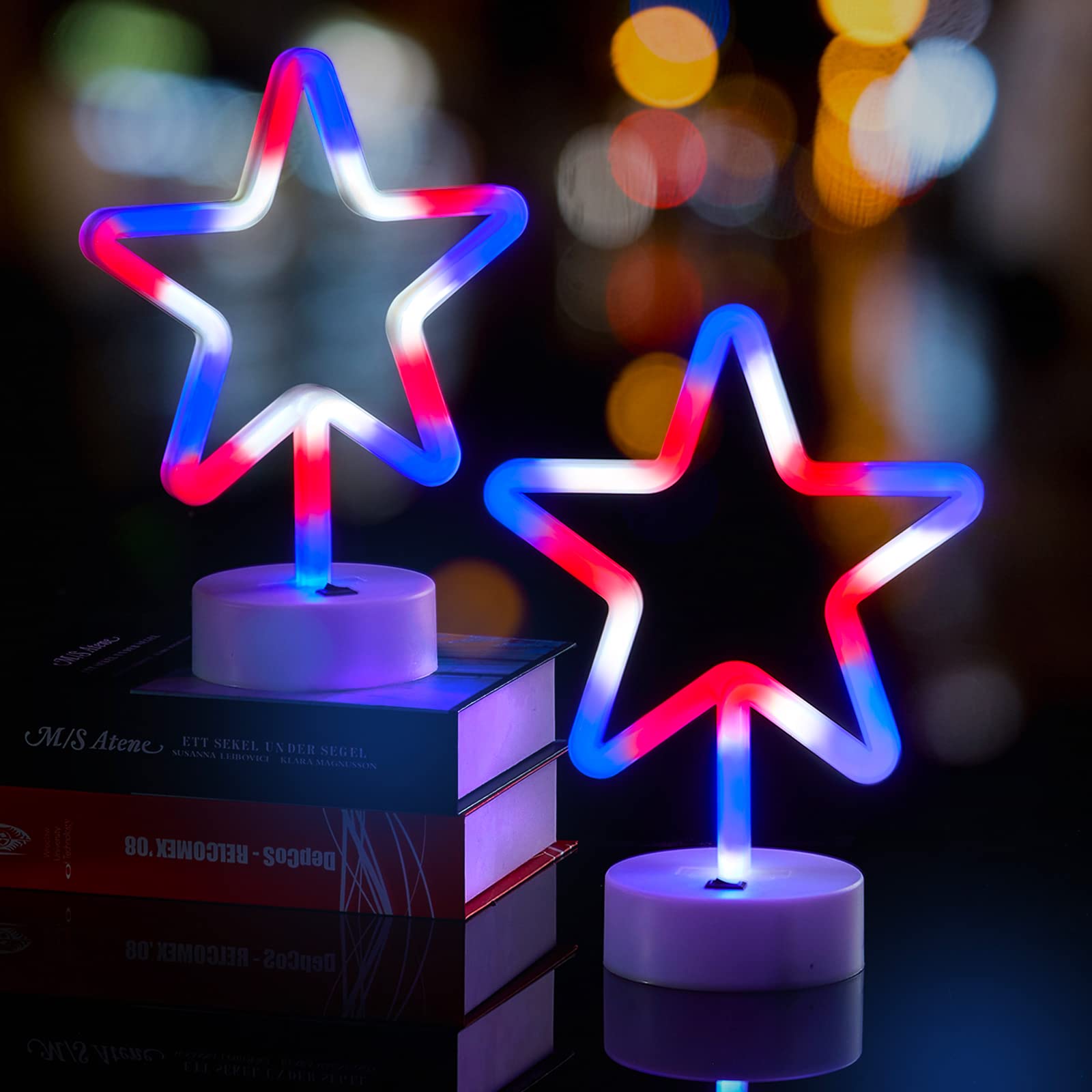 WBao 4th of July Decorations 2 Pack LED Patriotic Neon Star Signs, USB/Battery Powered Red White Blue Stars for Home, Tabletop,