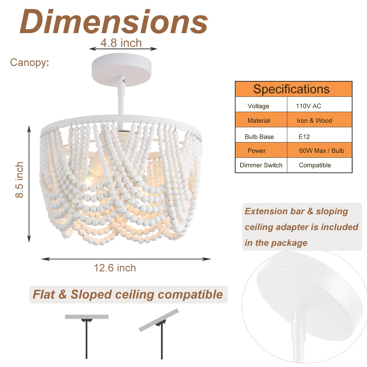 Imeshbean Wood Beaded Chandelier, 12.6In Bohemian Light Fixture For Dining Room, Bedroom, Living Room