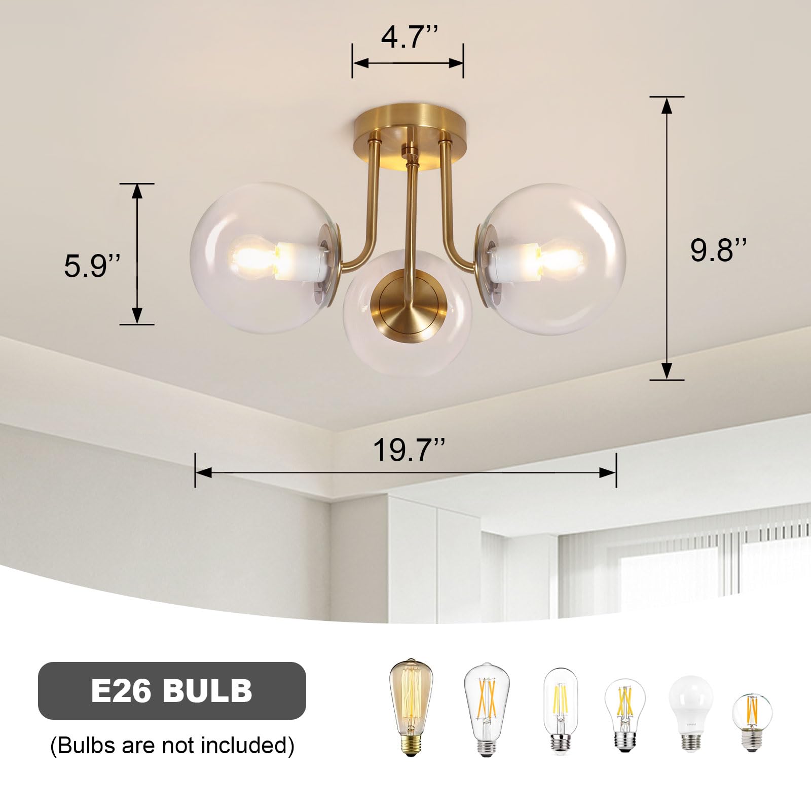 Bektas 3-Lights Semi Flush Mount Ceiling Light Fixture Brushed Gold Light Fixture Bend Modeling With Transparent Glass Shade For
