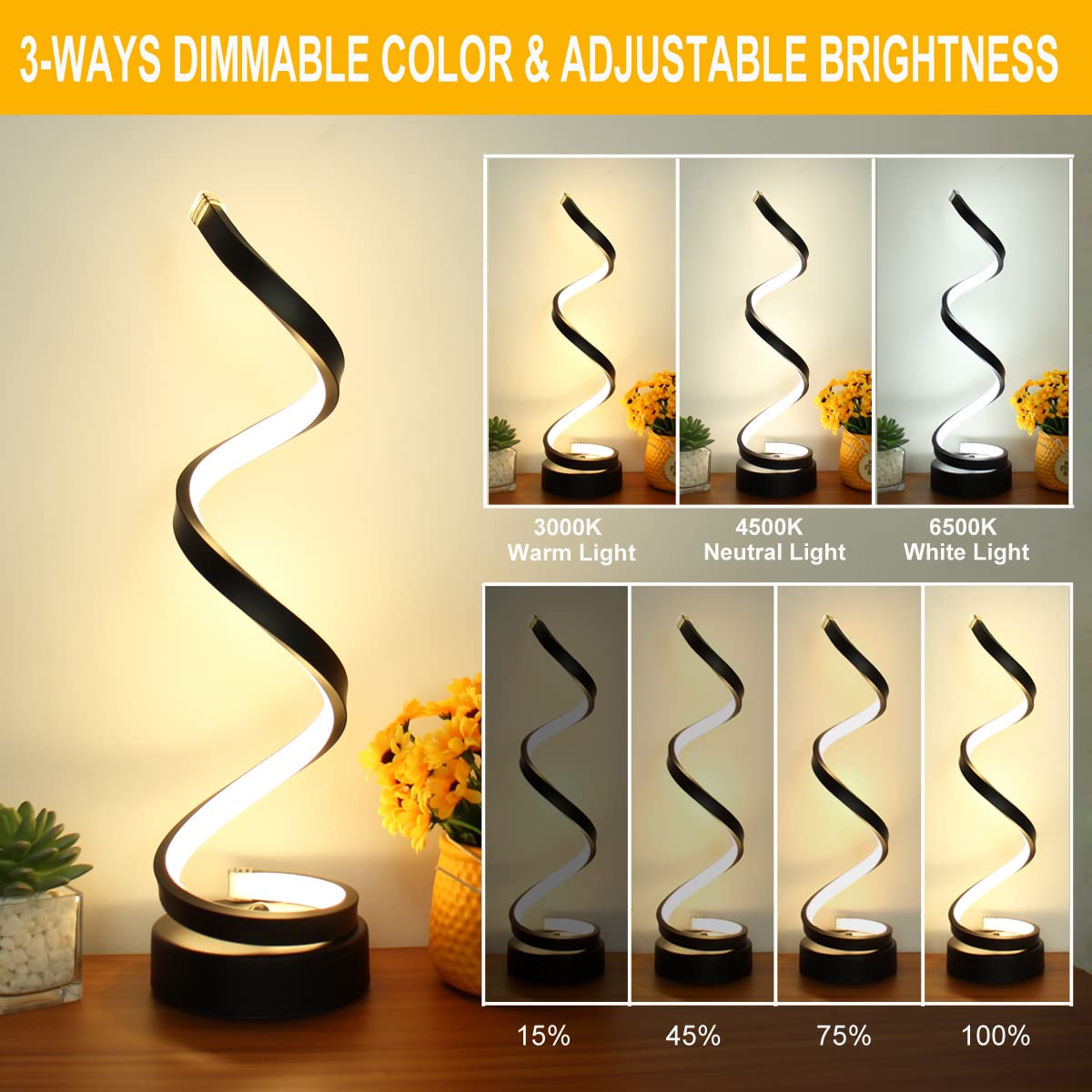BESKETIE Dimmable Spiral Table Lamp Set of 2, 12W LED, 3 Colors, 10 Brightness Levels, Black - Perfect for Bedroom & Living Room