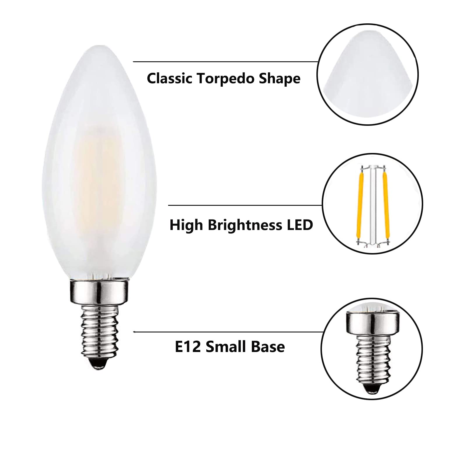 Beonllay Led E12 Light Bulb, 6 Pack, 25W Equivalent, 4000K Neutral White, Dimmable, Frosted Glass, Ceiling Fan, Chandelier, Edis