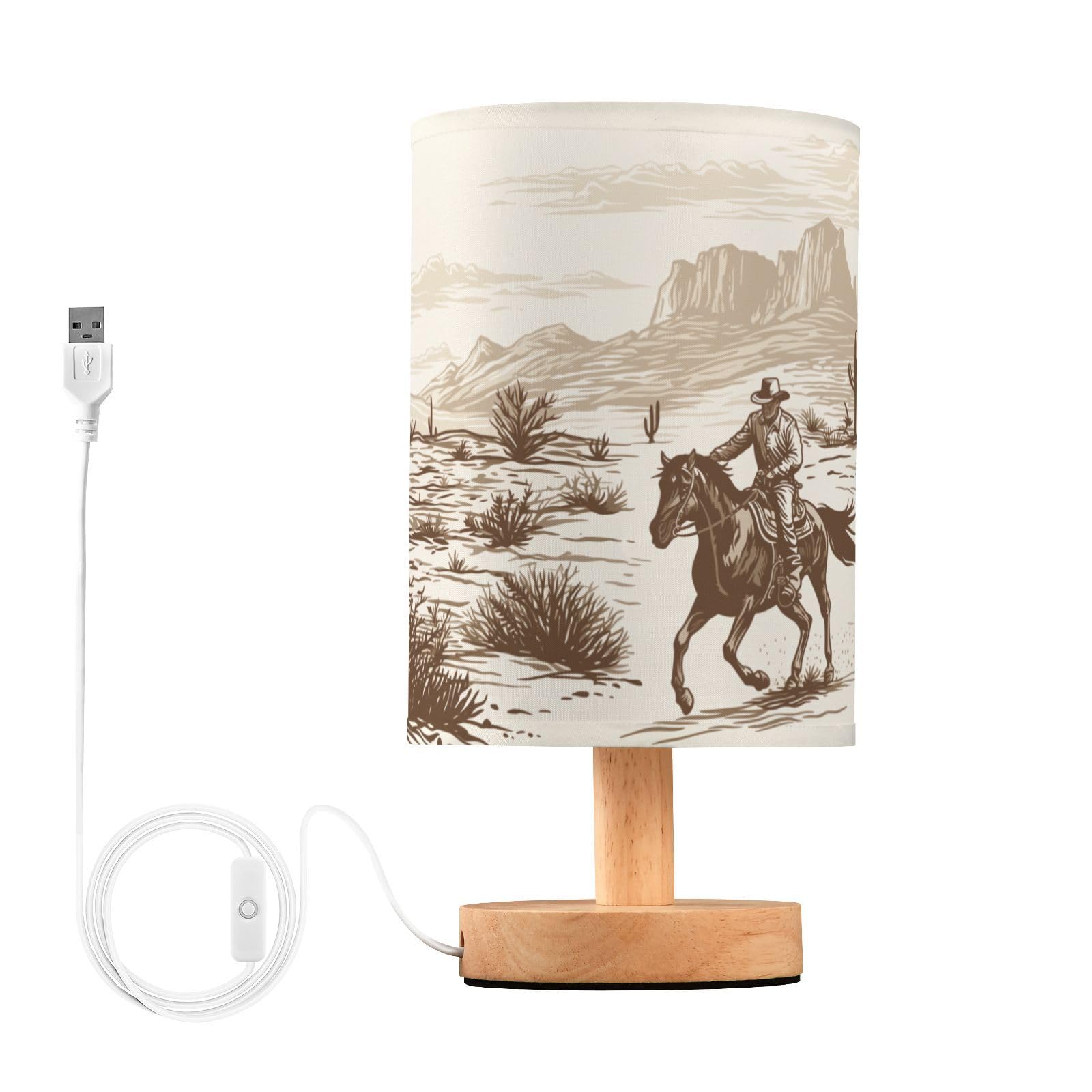 Coikll Western Desert Cowboy2 Table Lamp Bedside with USB Ports Nightstand Lamps with Fabric Lampshade for Reading, Bedroom, Liv