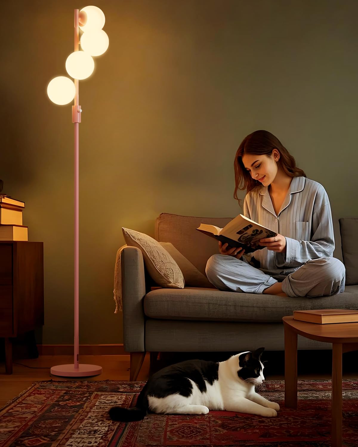 ACOHOOK 64IN Dimmable Pink Floor Lamp, Tall Standing Lamps with 4 Globe Soft Warm White Eye Care 3000K G9 Bulbs, Mid Century Mod