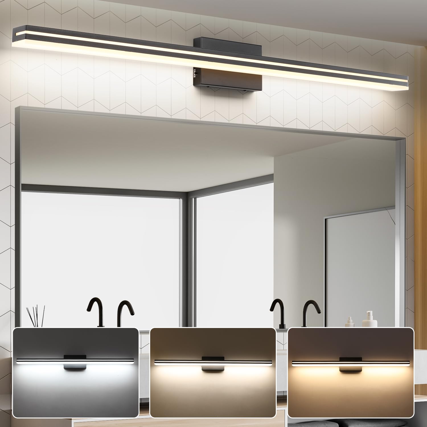 Sinerise Led Modern Bathroom Vanity Light Bar (48-Inch, 3000K/4000K/6000K), Matte Black Dimmable Modern Acrylic Bathroom Wall Li