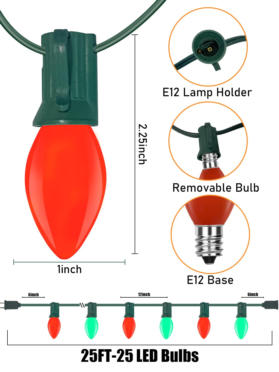 Sunsgne C7 Led Christmas Lights Outdoor, 25Ft Vintage Christmas Lights With 27 Led Red Green Plastic Bulbs(2 Spare), Hanging Chr