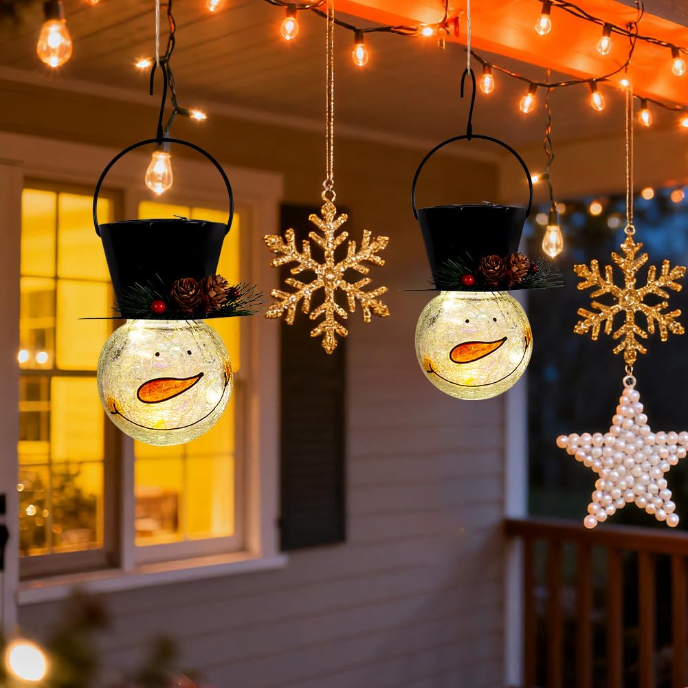 Starsoul Solar Lanterns - 2 Pack Snowman Outdoor Decorations, Waterproof Glass, Pinecone Color for Garden, Patio, Yard, Xmas Holiday Decor