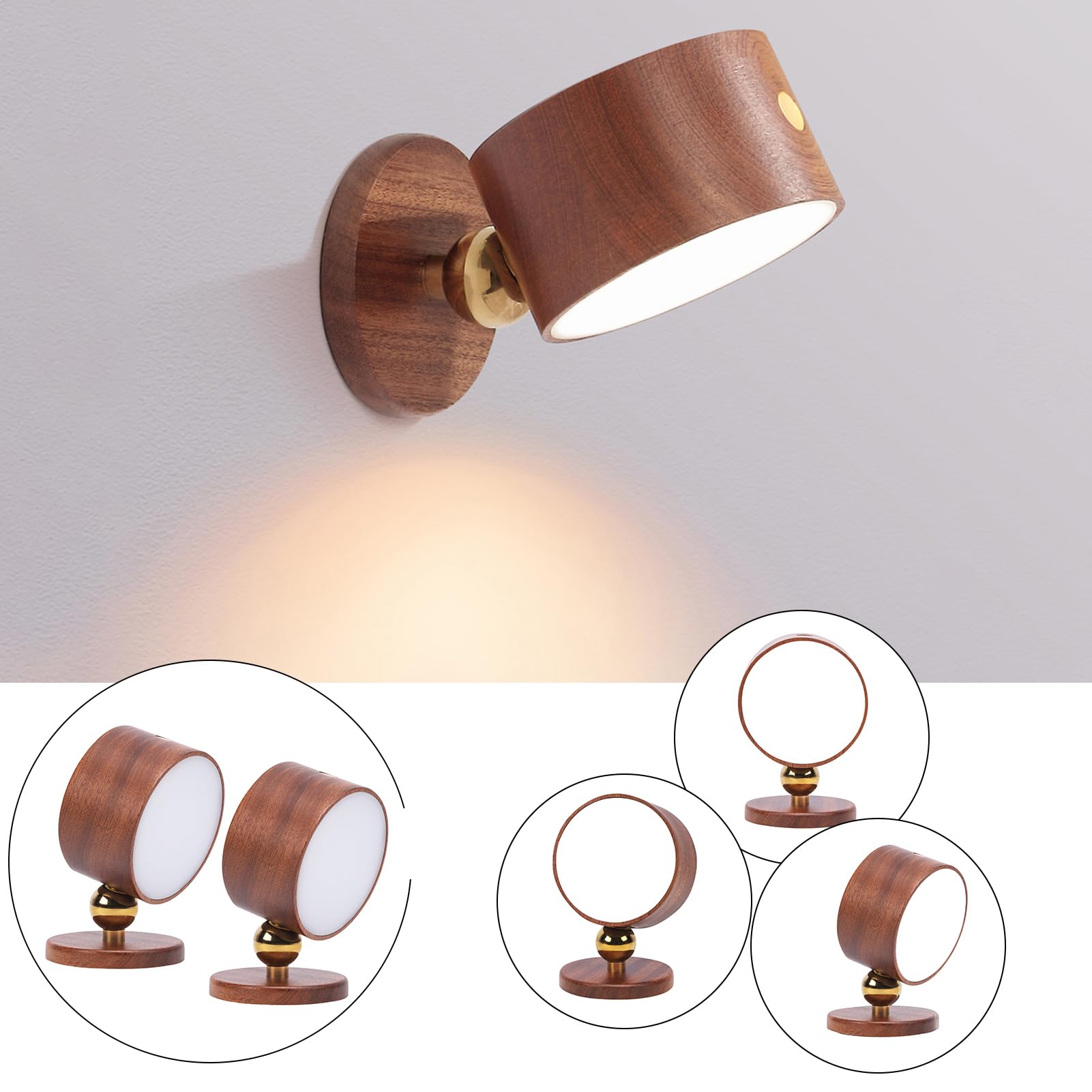 Landgoo Wooden Led Wall Sconce Set Of 2, 360 Rotatable Dimmable Wall Lights Rechargeable Battery Operated Magnetic Night Light F