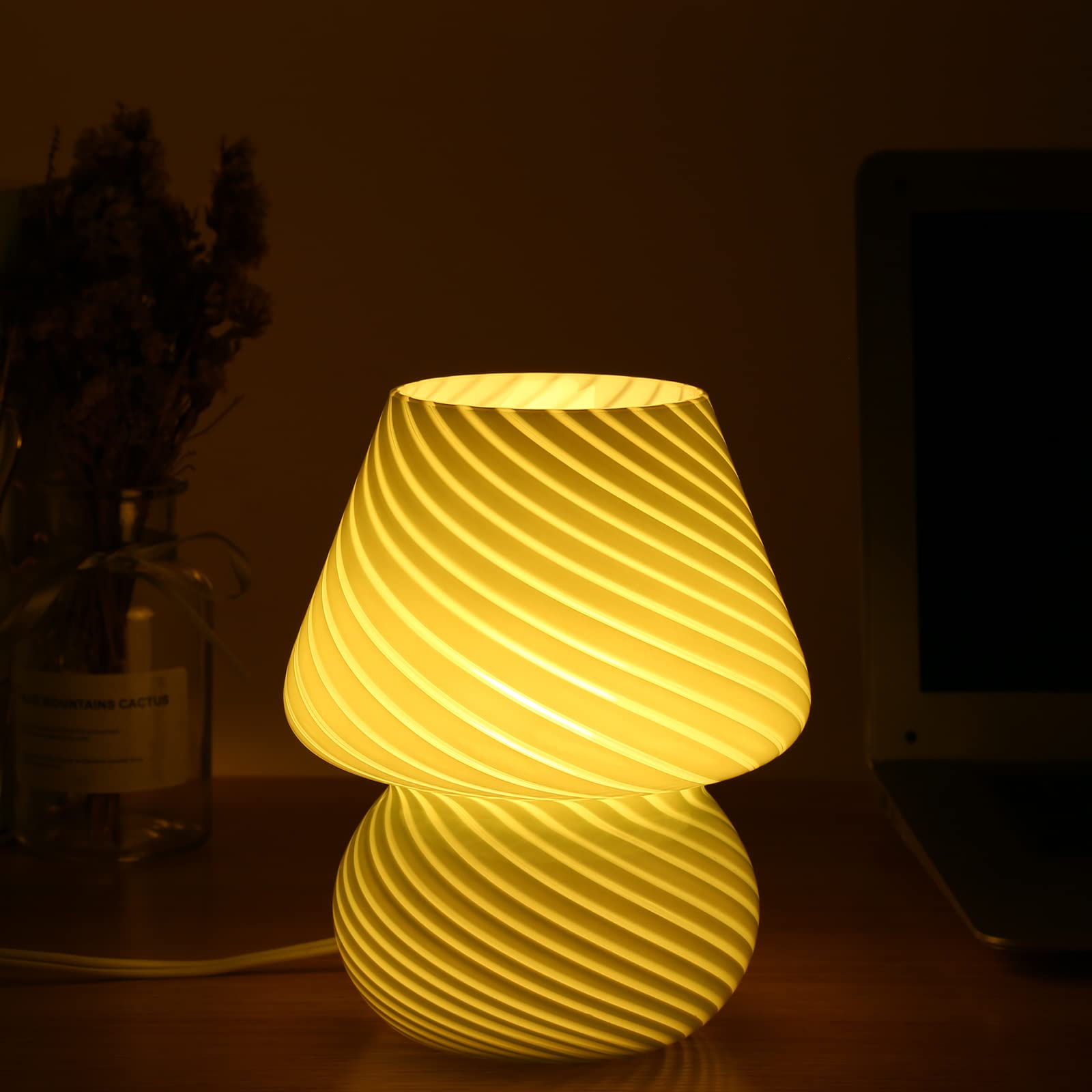 BSOD Glass Mushroom Bedside Table Lamp, Stripe Yellow, Cute Small, Murano Vintage Style for Home Decor, Model Bsod-SW-Lamps007