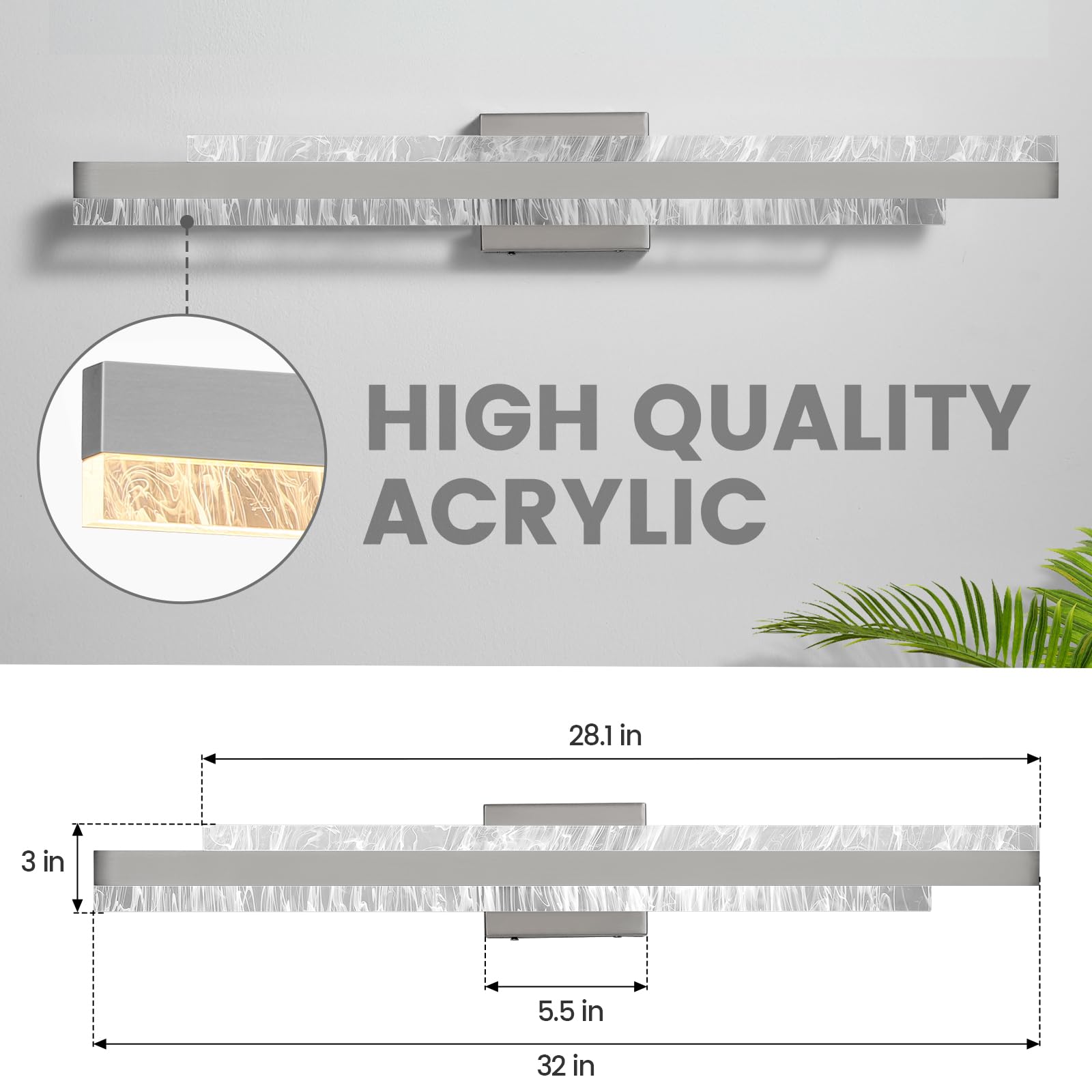 Hahzt Modern Bathroom Vanity Light: Brushed Nickel 32 Inch 28W Dimmable Led Bath Bar Light Fixtures Over Mirror - Wall Sconce Picture Lights For Powder Room Bedroom 3000K