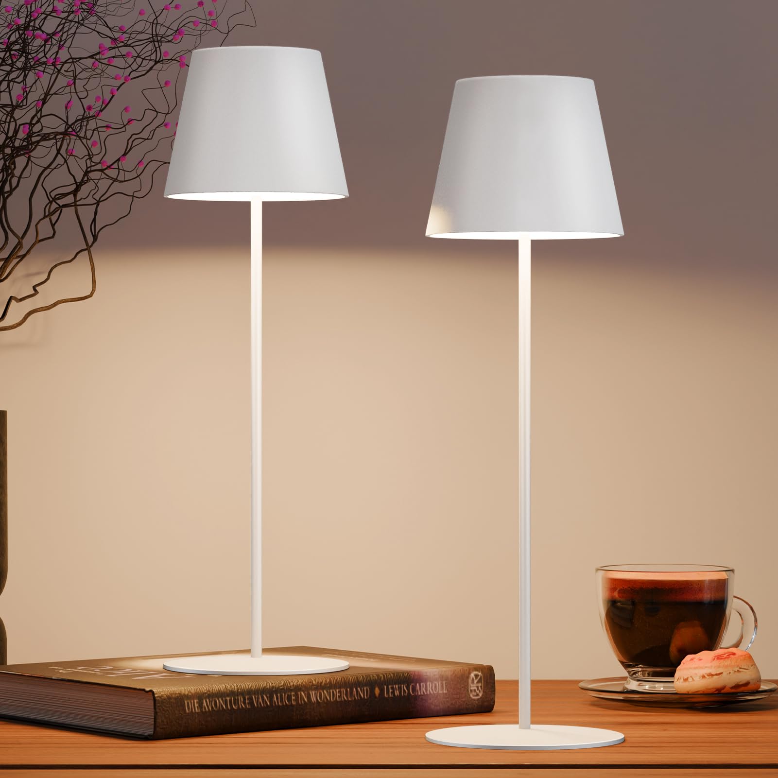uuffoo Cordless Rechargeable Table Lamps, 5200mAh, 3 Colors Dimming, Small, White, 2 Pack, Model PBG-1238