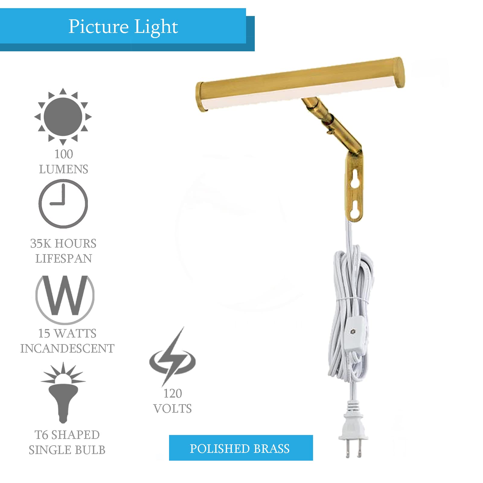 Ciata Picture Light 14-Inch Adjustable LED Art Light Polished Brass E12 Candelabra Base Model 817354029331