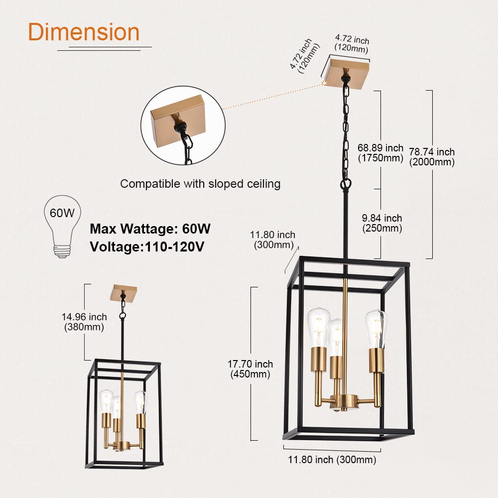 VINLUZ 3 Light Pendant Chandelier, Vintage Industrial Style, Metal, Black and Brushed Brass Finish, Ideal for Kitchen, Dining Room, Foyer