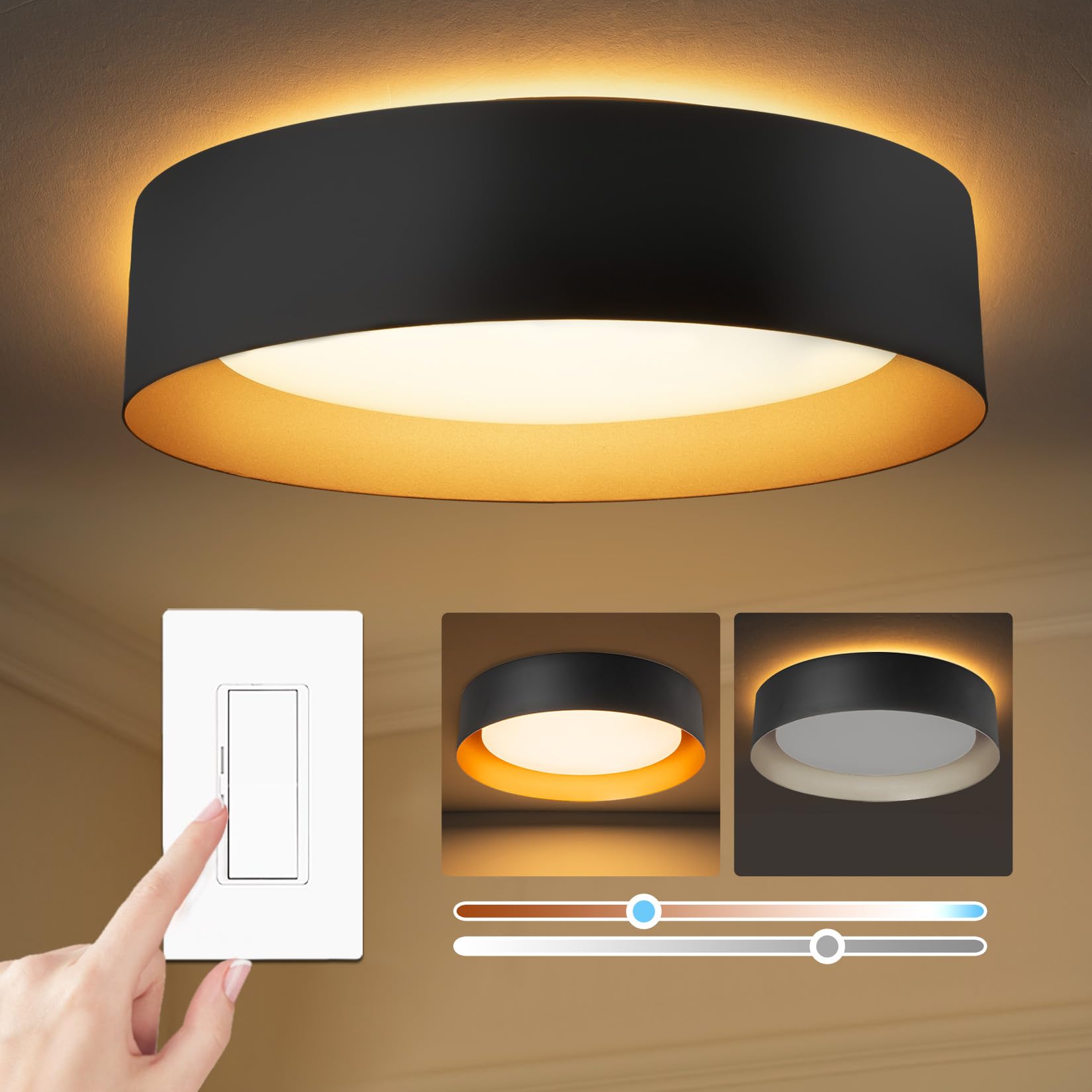 Bargeni Flush Mount Ceiling Light,12.5 inch LED Ceiling Light with Night Light,Matte Black with Gold Inside,24W/2700K/3000K/4000
